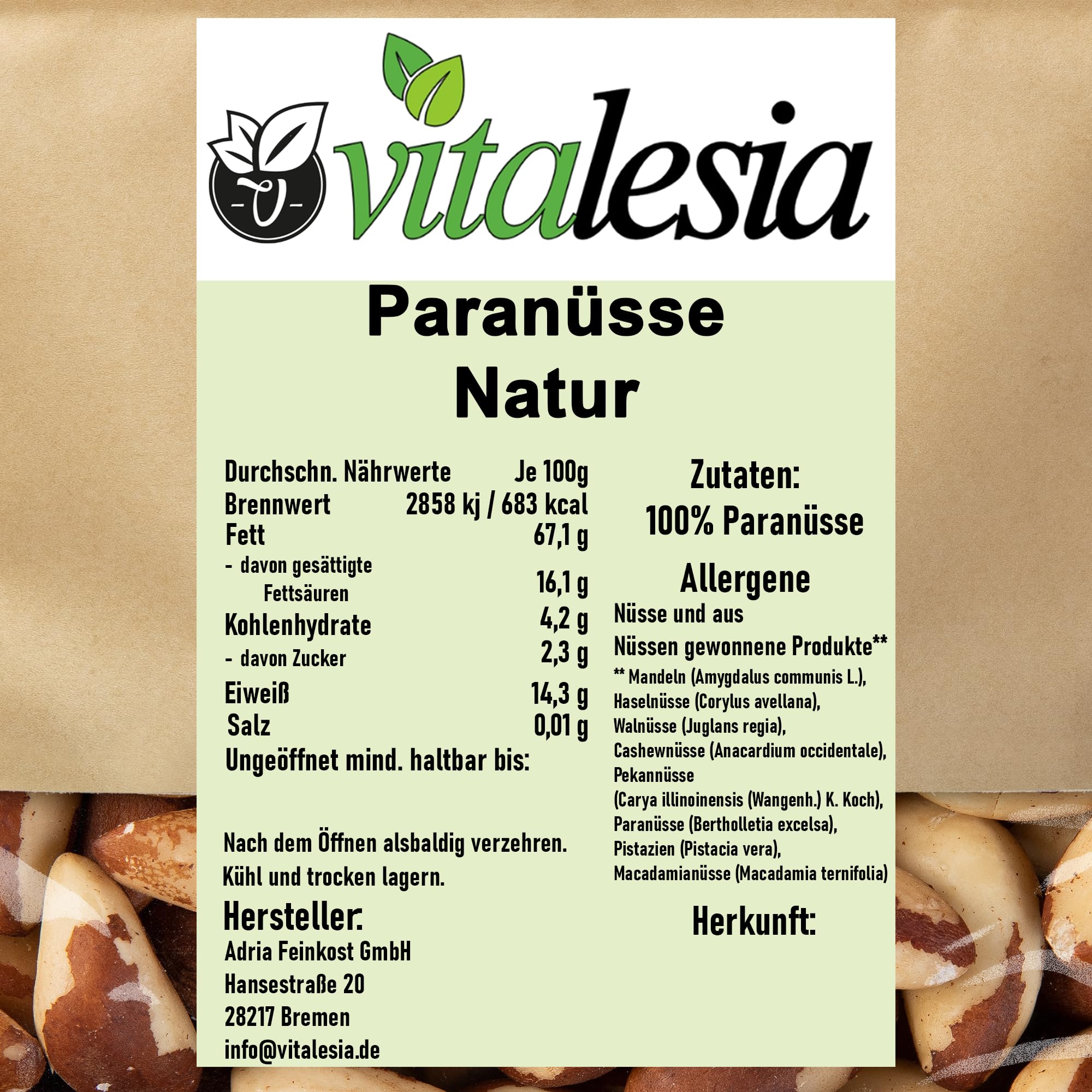 Vitalesia Paranüsse 1kg | naturbelassen 100 % | Paranuss aus Bolivien | ungeröstet, ungesalzen & ohne Zusätze | Premium Nüsse | vegan