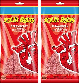 Red Strawberry Sour Belts - Vibrant & Tangy Strawberry Sour Strips - Non GMO, Vegan & Kosher Strawberry Belts Candy - 4 Ounce, 2 Pack