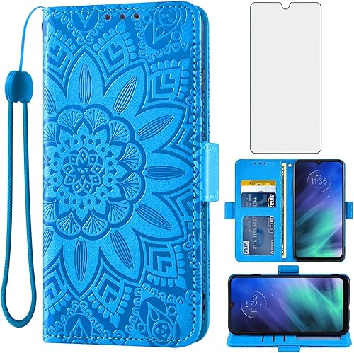 Asuwish Funda de teléfono para Moto One Fusion con protector de pantalla de vidrio templado y cartera de cuero con diseño de flores, soporte para