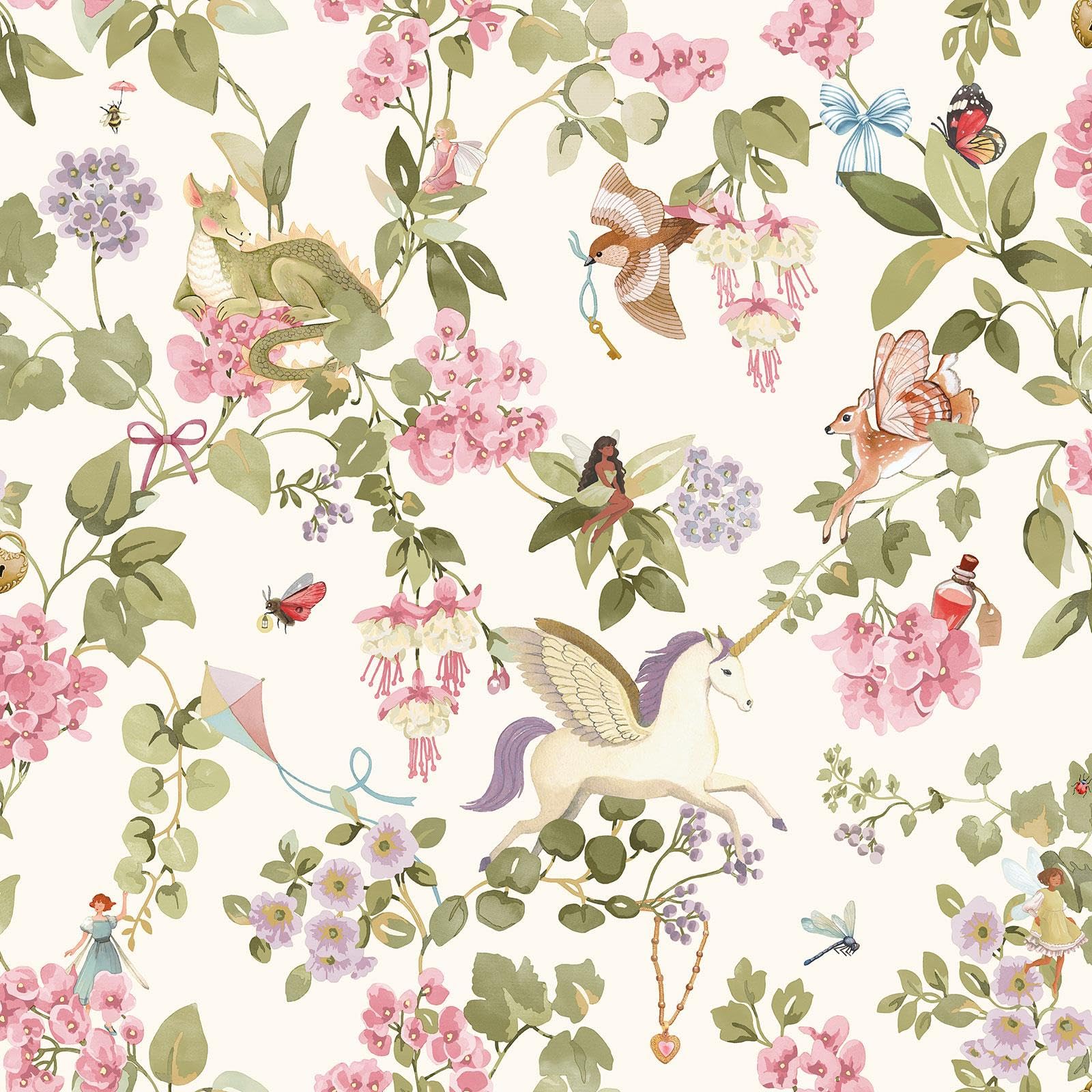 Holden Storybook Away with the Fairies Unicorn Themed Wallpaper with Dragons Butterflies for Girls' Bedrooms, Nurseries, Playrooms in Cream/Multi (14020)