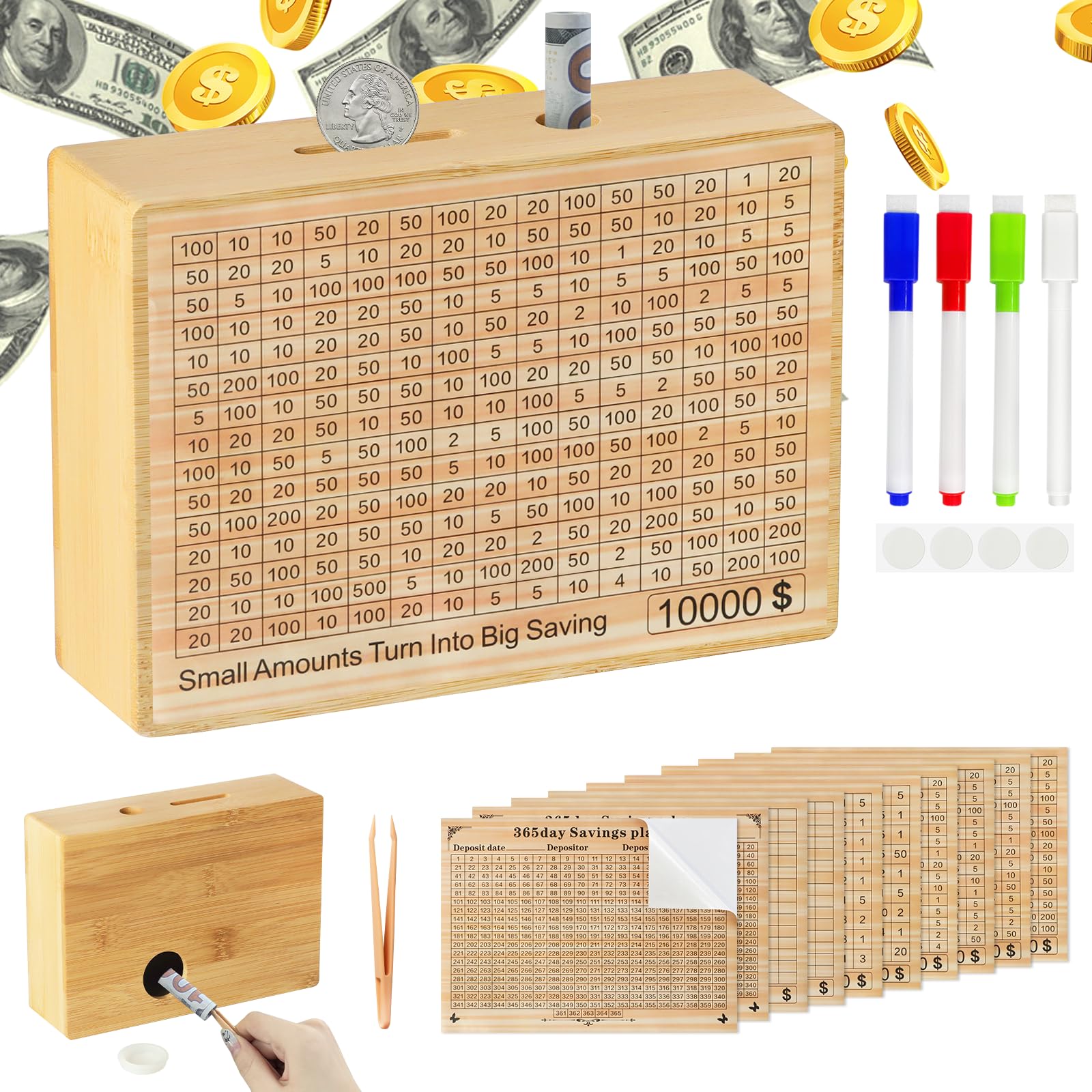 Wooden Money Savings Box Cash Vault 10000 Savings Challenge Box No Installation Money Bank for Adults Kids (Natural)