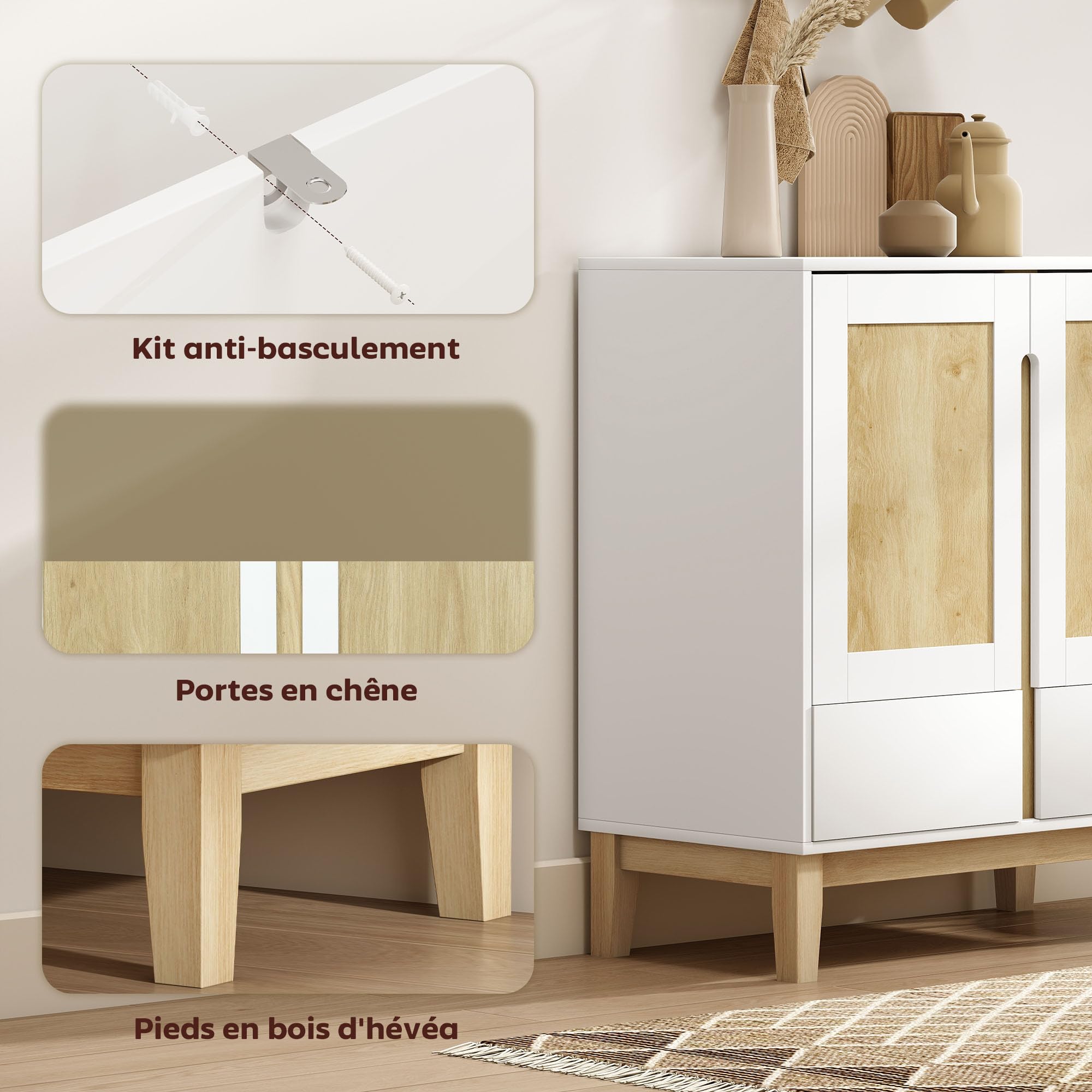 HOMCOM Buffet 2 Portes 2 Tiroirs Nordique 80 x 40 x 86 cm Blanc et Chêne | Meuble de Rangement, Étagère Réglable, Pieds en Bois de Caoutchouc, Buffet Salle à Manger, Cuisine et Salon