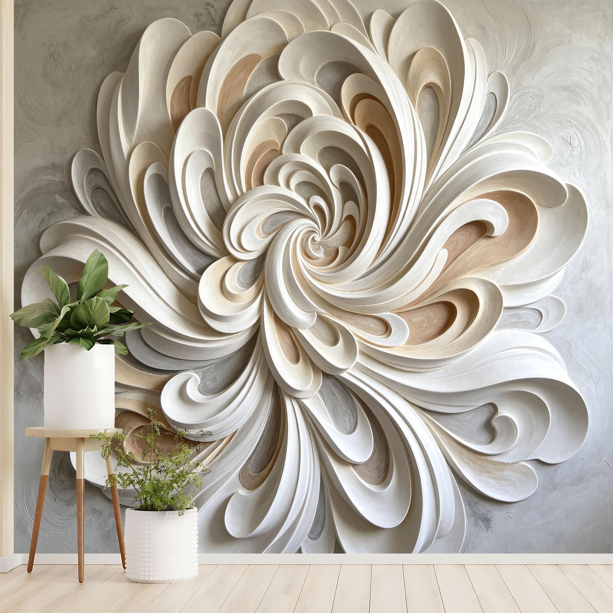 Papel pintado floral escultórico abstracto con efecto 3D pétalos remolinos papel pintado no tejido moderno lujo pétalos curvos revestimiento de pared en 400 x 280 cm crema beige decoración de pared de