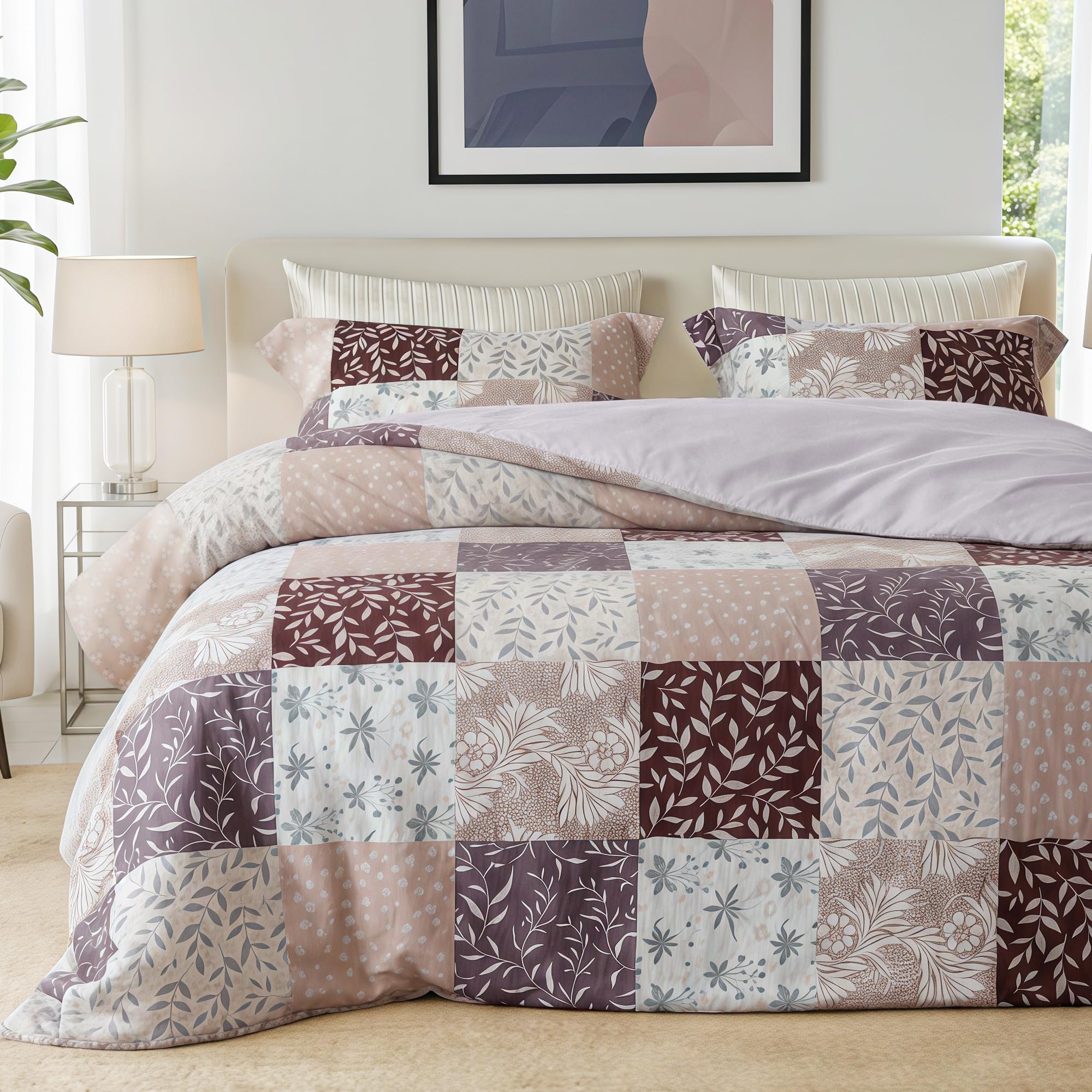 Exclusivo Mezcla Coverless Duvet Set with 2 Pillowcases, 7.5 Tog Double Size Reversible Duvet All Seasons with Boho Pattern, Lightweight and Warm, Patchwork Brown — image 1