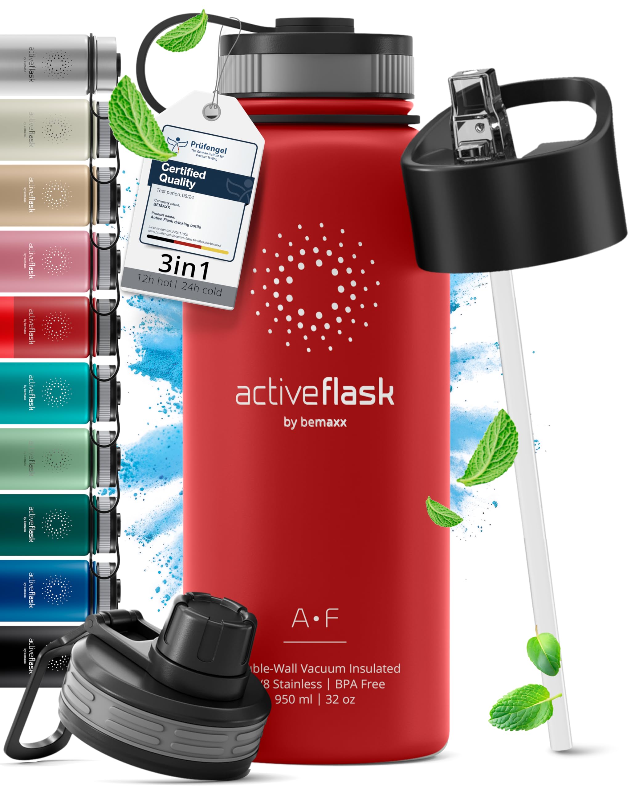 Bottiglia Acqua Termica INOX ACTIVE FLASK + Cannuccia (3 Tappi), Senza BPA, 1l/500ml | Borraccia Isotermica Acciaio - Caldo/Freddo, Ufficio Outdoor Sport Bicicletta viaggio fitness, Caffe Te