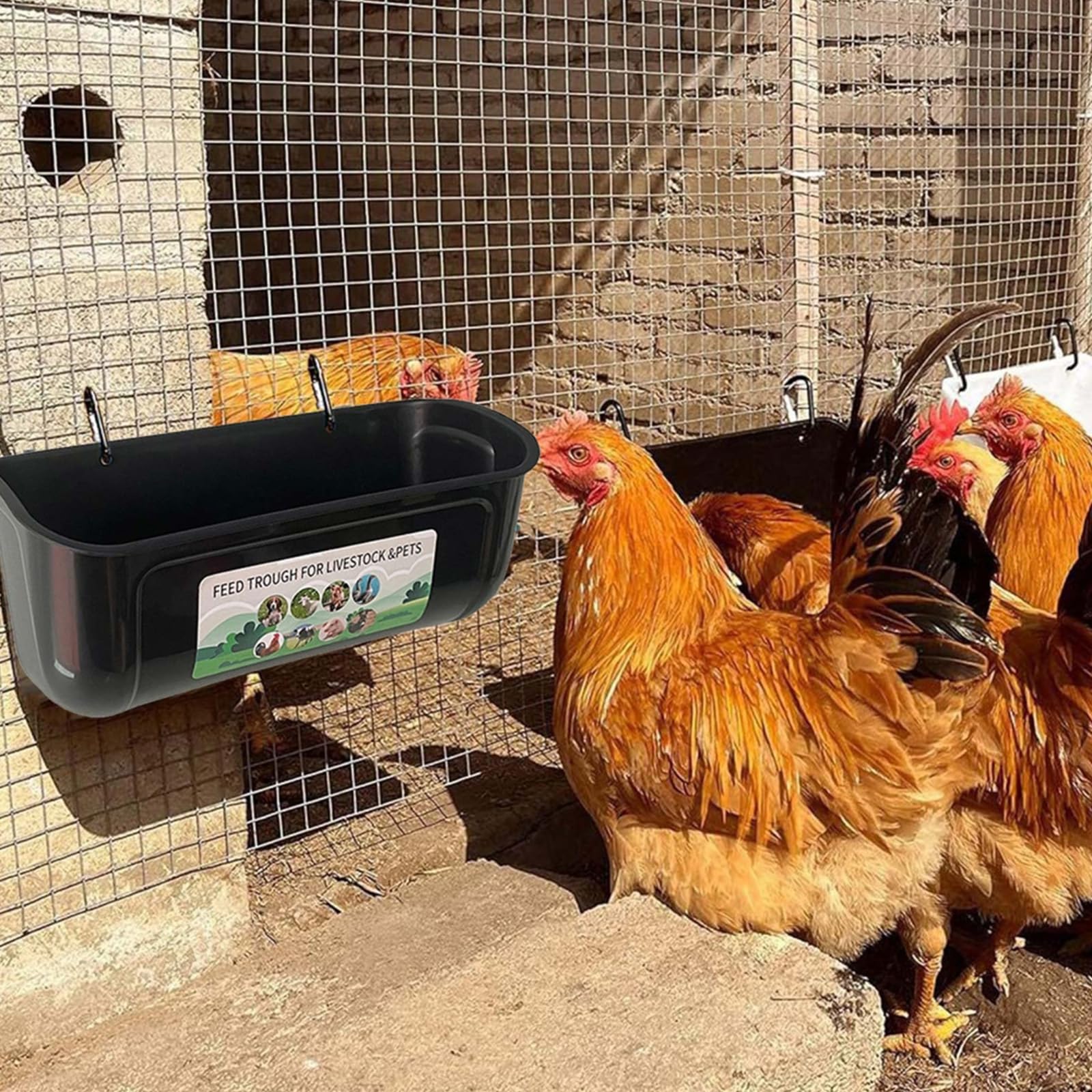 Comedero para aves de corral de ABS negro con clips, bridas para cables para jaula de pollo o comedero de pared para múltiples animales