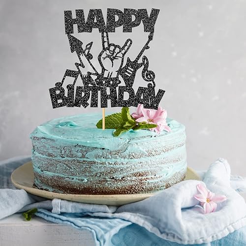 Miniatura 6 de Decoración para tartas de cumpleaños con temática Rock'n'Roll, entretenimiento musical, decoración de fiesta de cumpleaños, purpurina negra (roca)