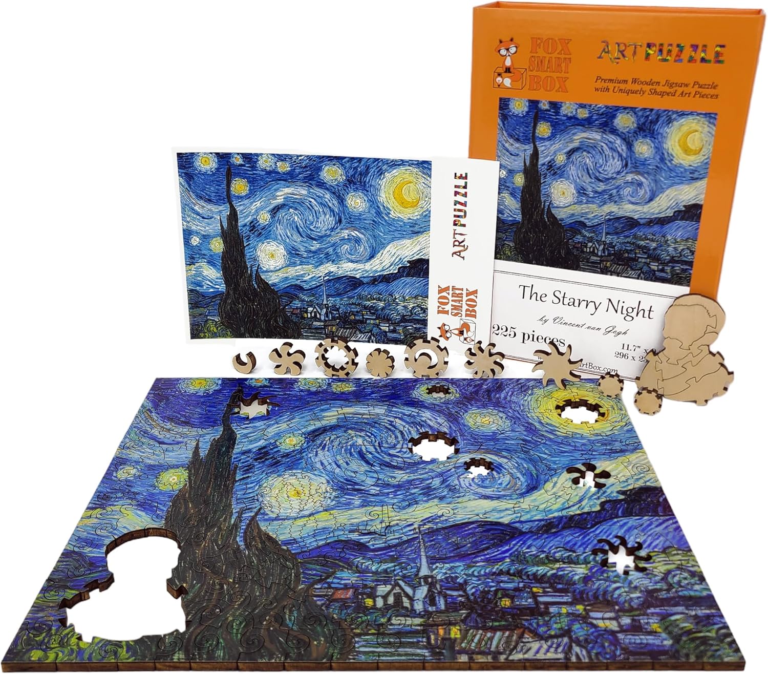 Wooden Puzzle for Adults - Unique Pieces - Made in The USA by FoxSmartBox - 225 Pieces - The Starry Night