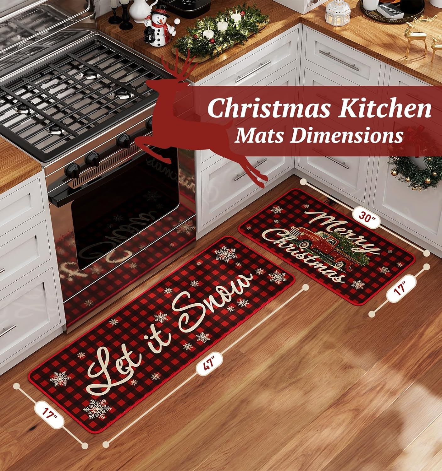 Christmas Kitchen Rugs Set of 2,Non-Slip Backing Red Truck Christmas Kitchen Mats for Floor,Low-Profile Buffalo Plaid Winter Xmas Holiday Decorations Christmas Doormat - 17x29 and 17x47 Inch