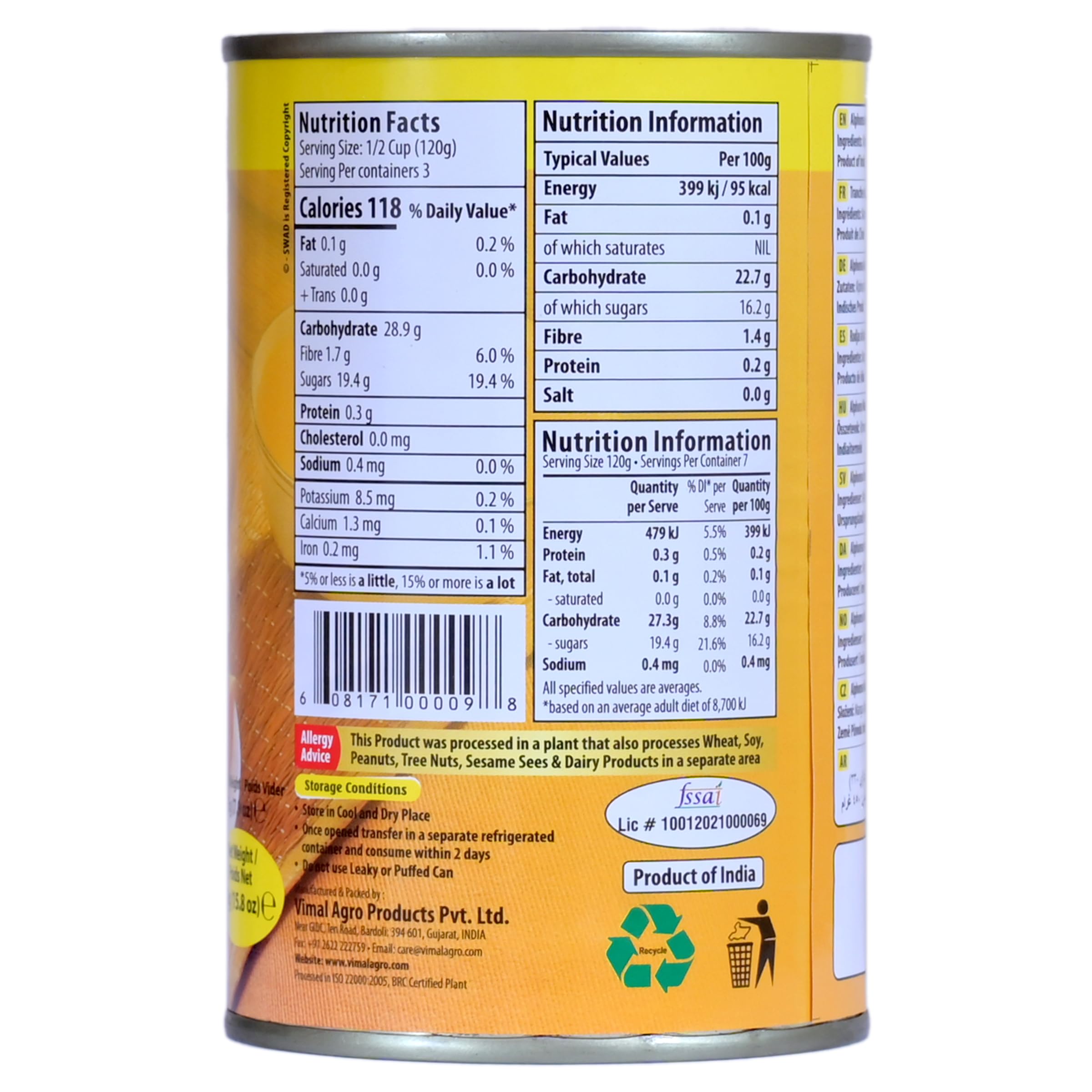SWAD Alphonso Mango Slice with Syrup | No Added Preservatives & Sweeteners | Export Grade Happus Aam | Natural Mango Slices with Syrup | Tin Pack of 1 (450g each)