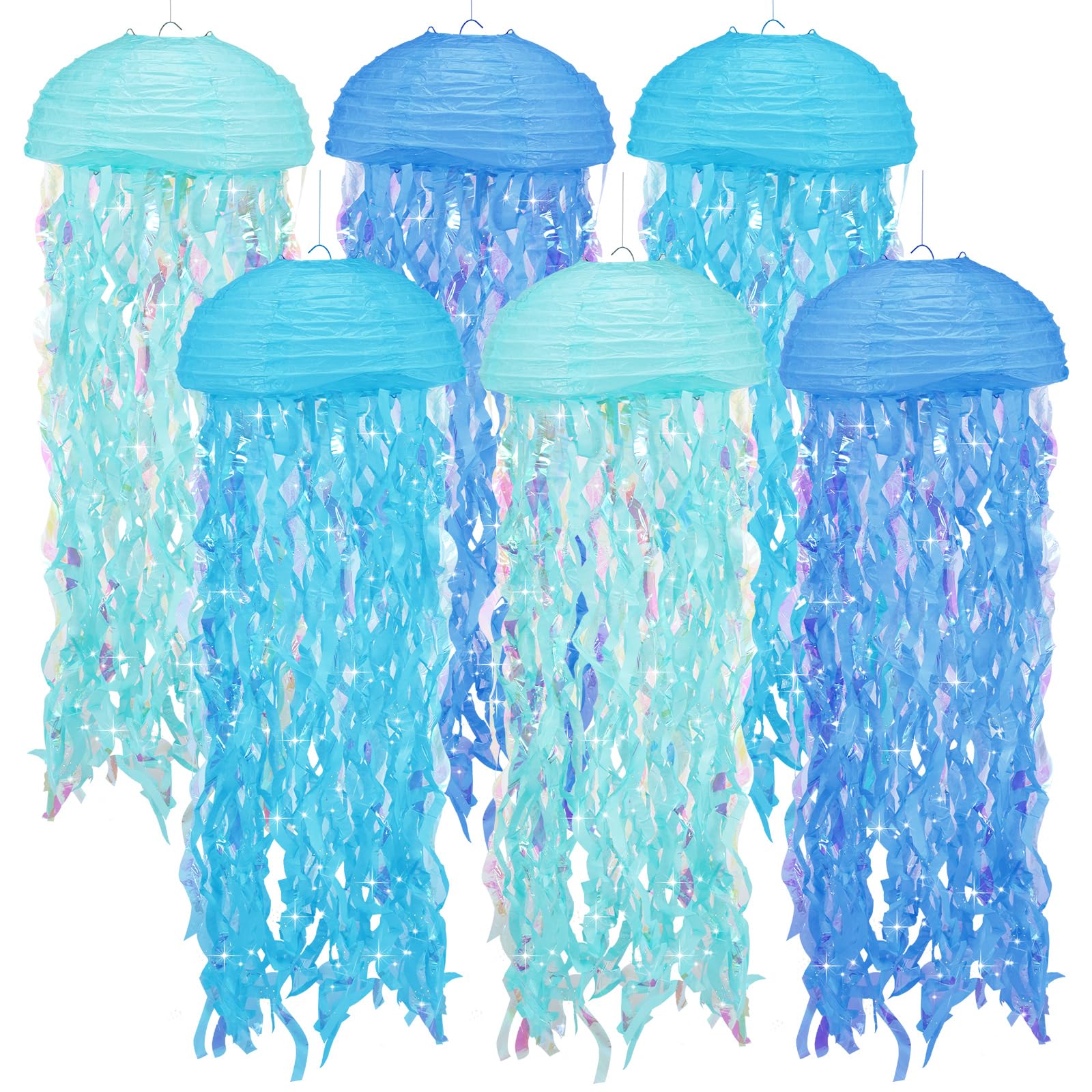 Jellyfish Paper Lanterns, 6Pcs Multi-Color Hanging Jelly Fish Paper Lanterns with String and Hooks Decoration for Mermaid Party, Birthday Party, Party Decorations (Multi-Colored A)