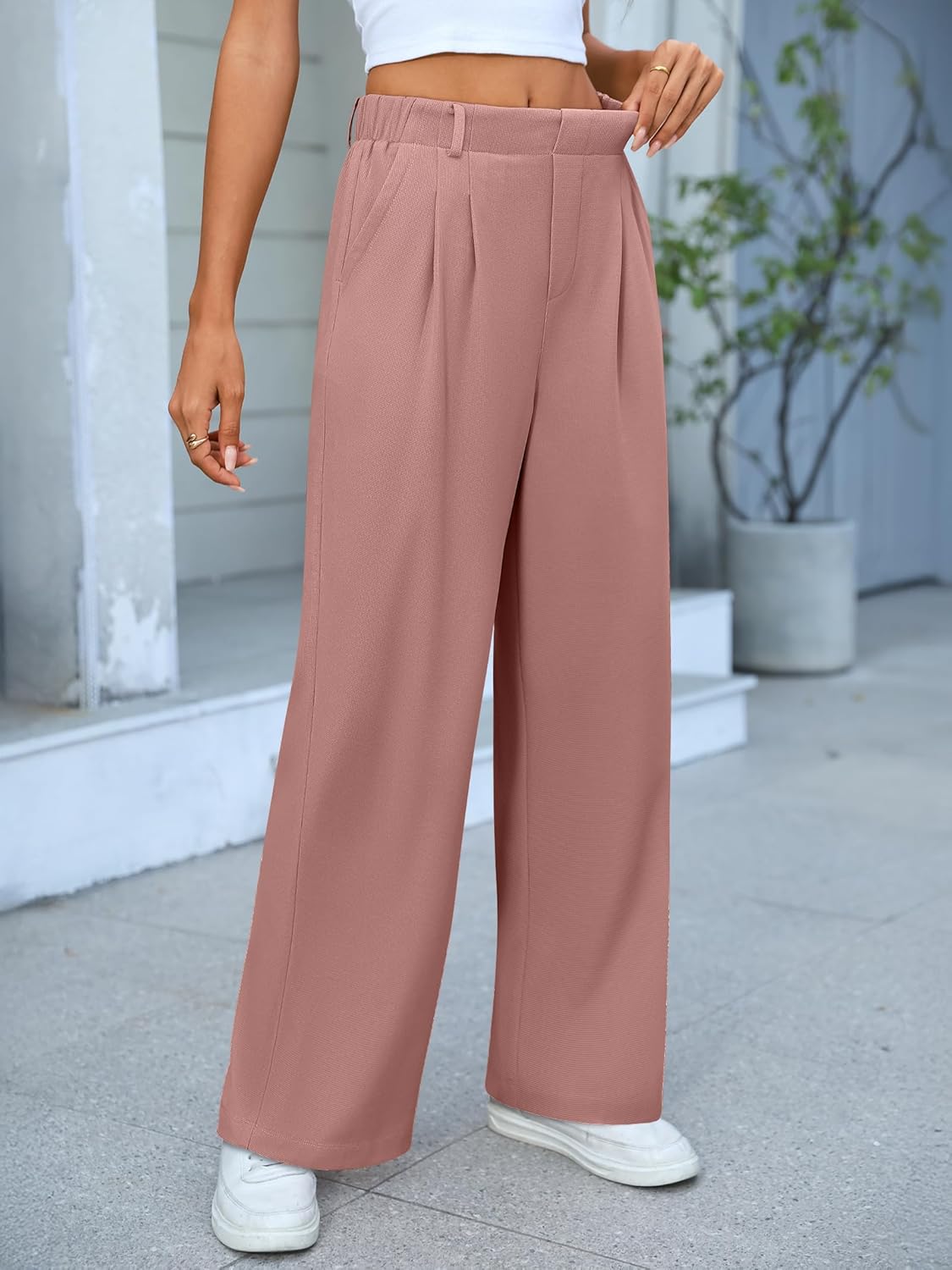 ANRABESS Women Wide Leg Pants Stretchy Work Dress Pants Waffle Knit Business Casual Pull on Palazzo Slacks Trousers Outfits - Image 6