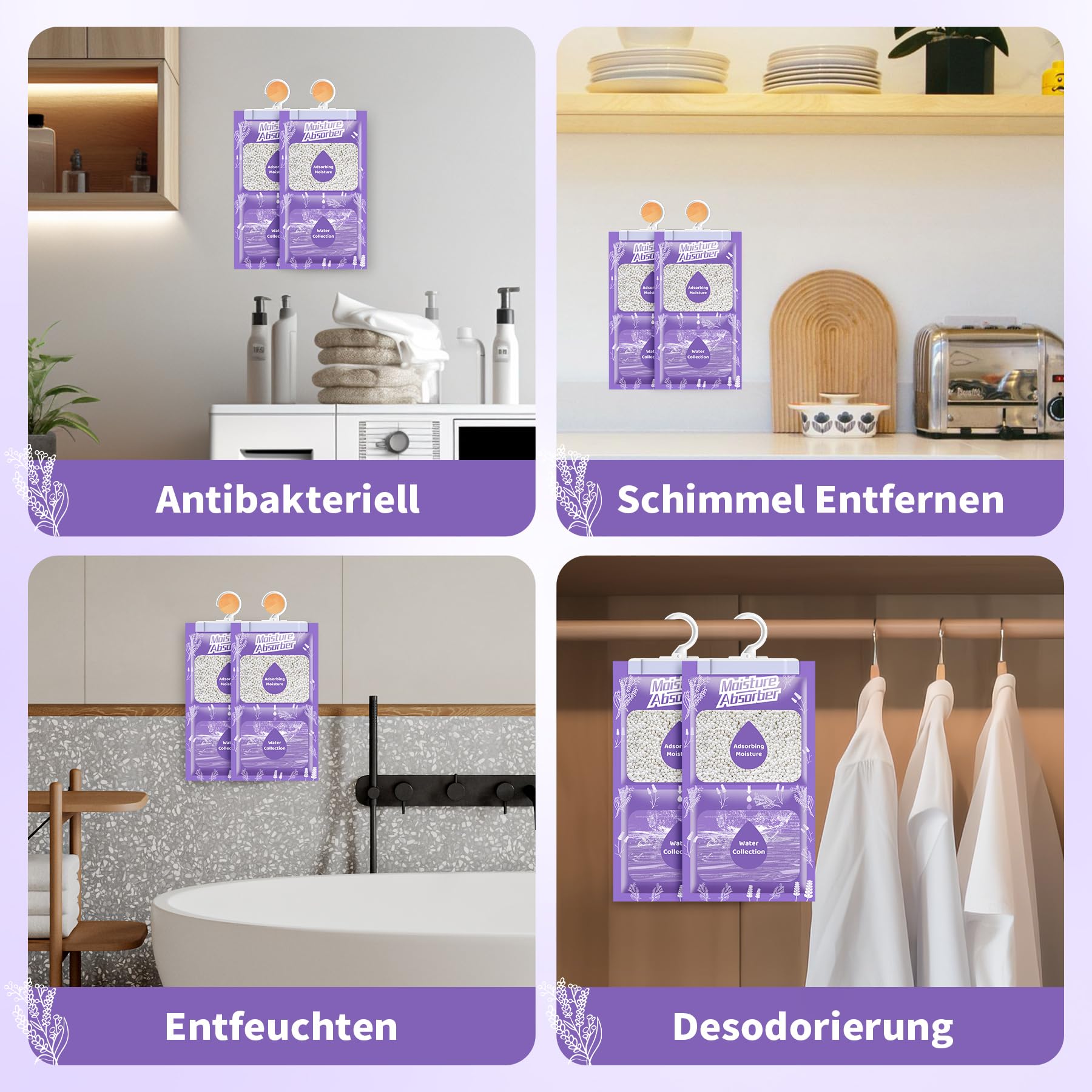 OMECO Sacchetto deumidificatore da appendere, deumidificatore usa e getta, 20 confezioni da 230g, assorbitore idratante con profumo di lavanda, adatto per lavanderia, guardaroba, libreria, ecc