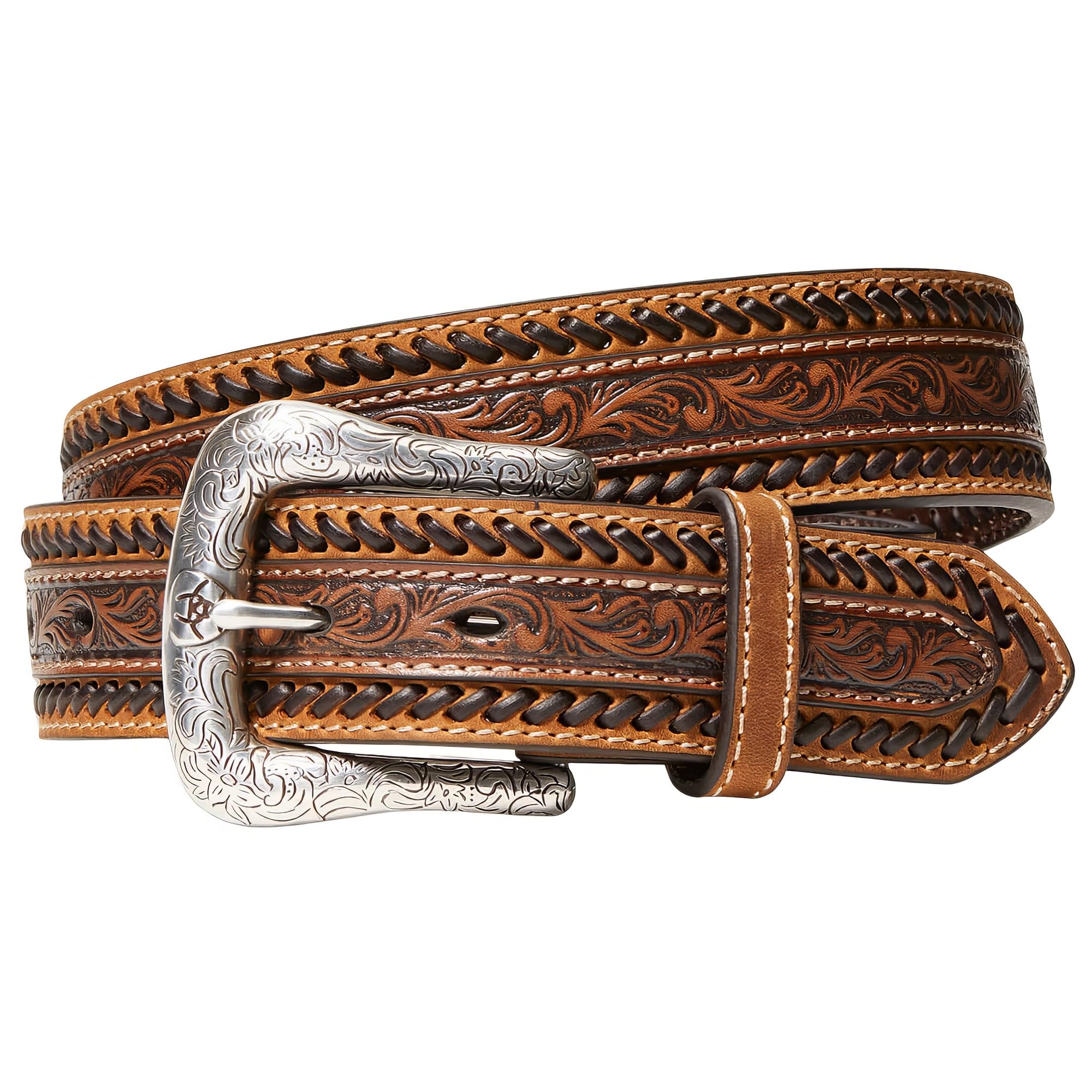 Ariat 1 1/2" Buck Stitching Floral Tooled Tan Belt (36)
