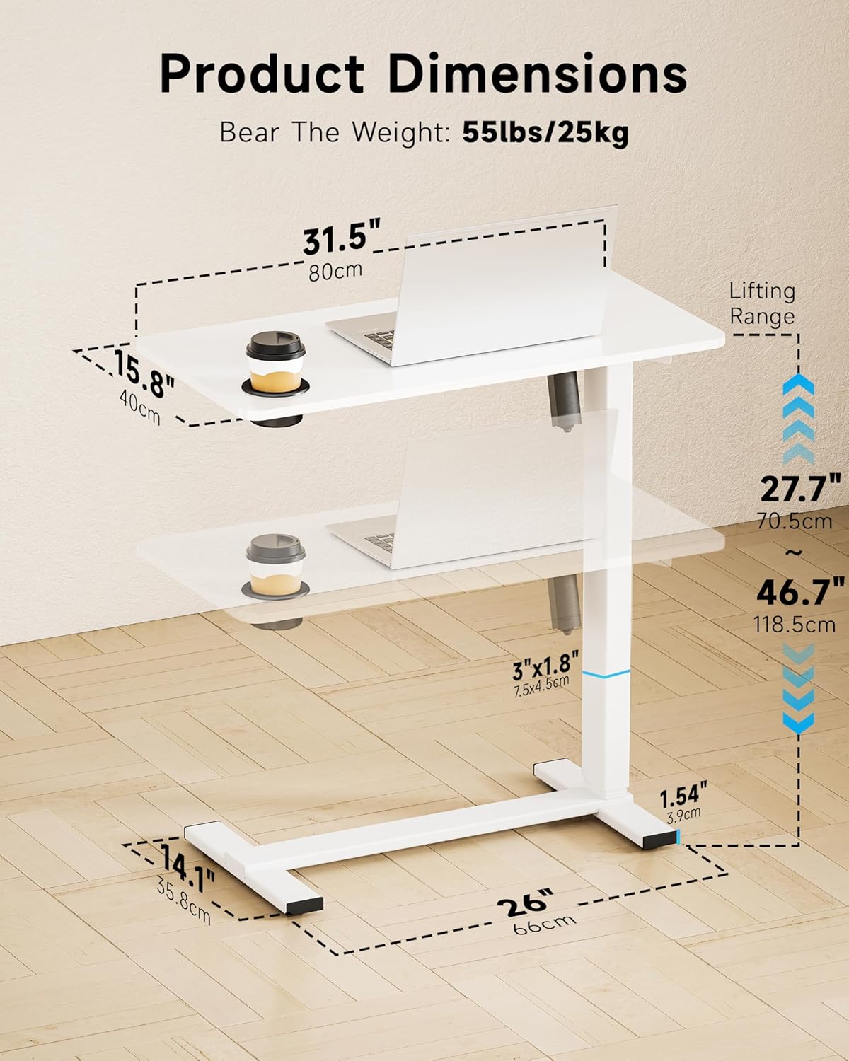 BIZUM Small Electric Standing Desk Bedside Table with Hidden Wheels 31.5 x 15.8 Inch Adjustable Computer Laptop Office Desk, White