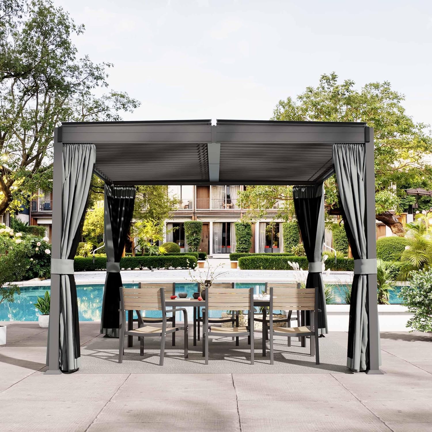10'x10' Louvered Pergola, Outdoor Metal Pergola with Adjustable Louvered Roof, Hardtop Patio Gazebo with Curtains & Mesh Screens for Patio, Deck, Backyard, Garden, Yard