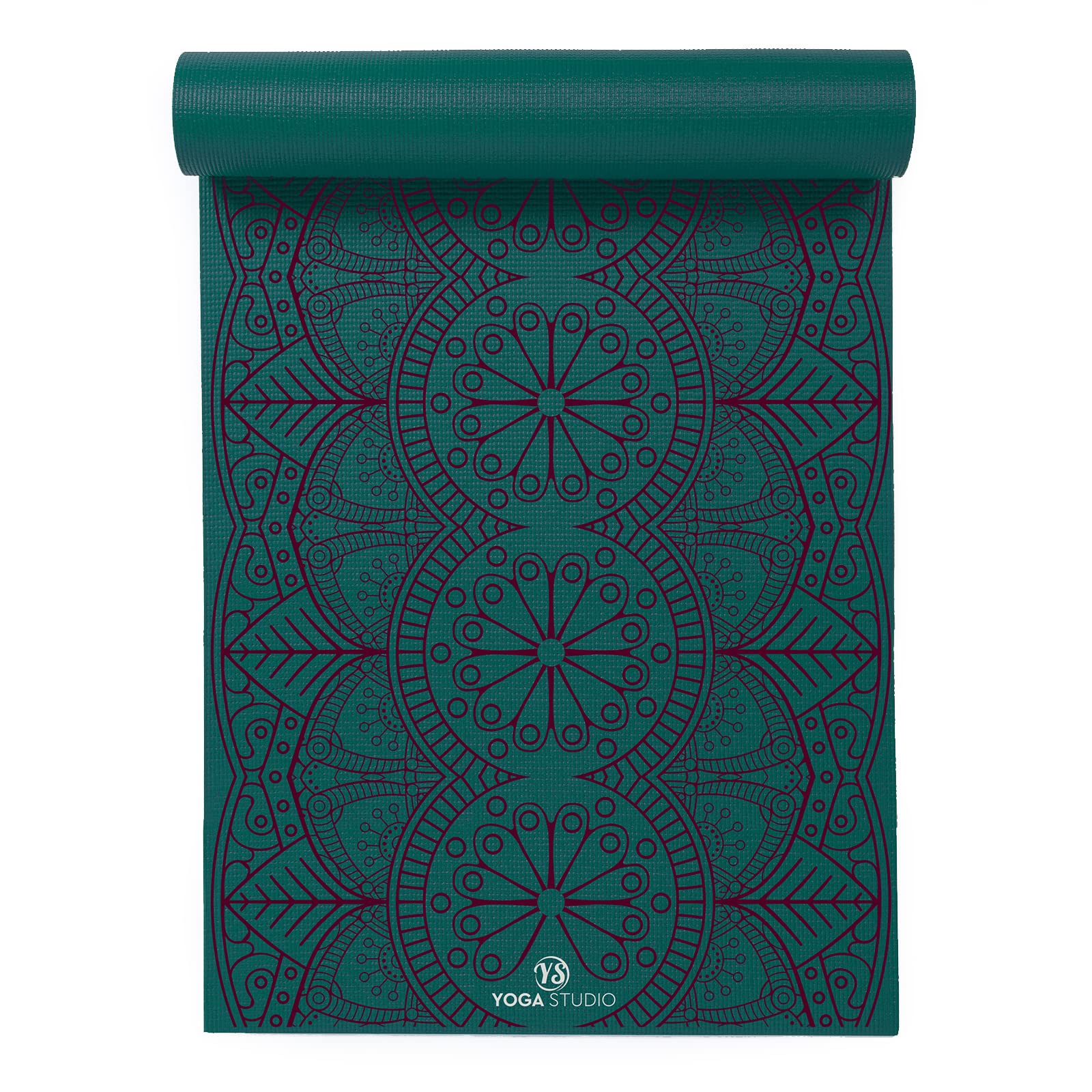 Yoga Studio Esterilla de yoga diseñada – 183 cm x 61 cm, tapete de yoga antideslizante de 6 mm, tapete de PVC a prueba de desgarros (verde azulado gota de rocío Mandala)