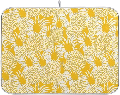 Tapete de secado de platos hawaiano tropical de piña amarilla brillante, lavable, absorbente, escurridor de platos, para encimera de cocina, tapete