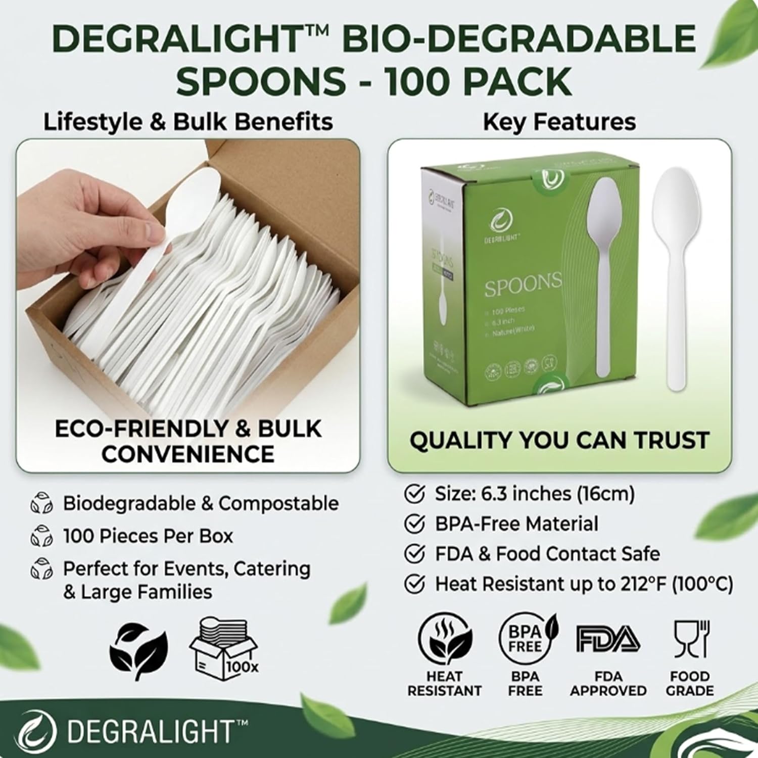 Compostable Spoons [100 Pcs] No Plastic Spoons Disposable BPI Certified BPA-Free, Heat Resistant, Heavy Duty Biodegradable Spoons Disposable Utensils for Daily, Party & Camping