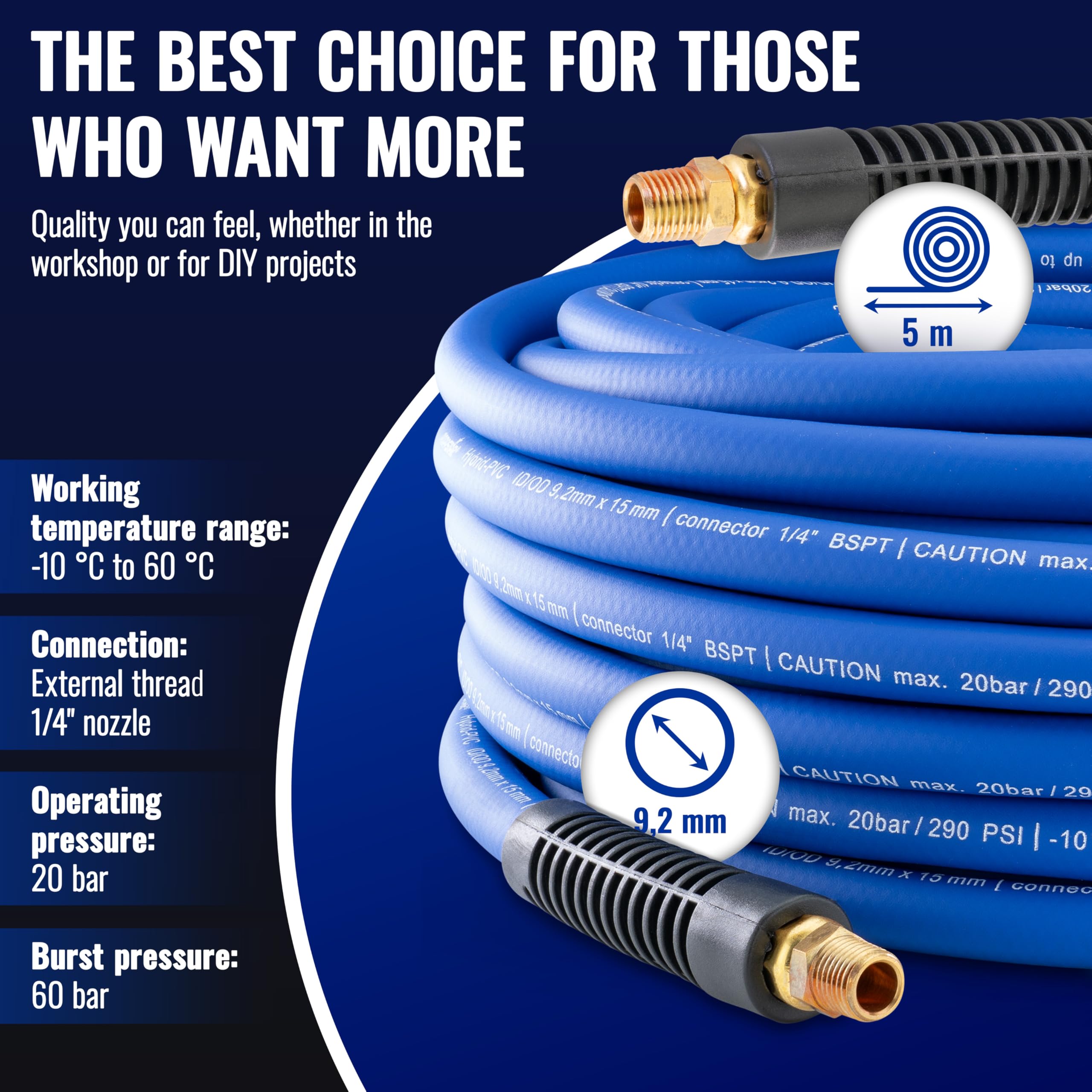 Poppstar PVC Hybrid Air Pressure Hose 5m, ID 9.2mm, Brass Ferrule 1/4" AG, 20 bar, Blue - Image 2