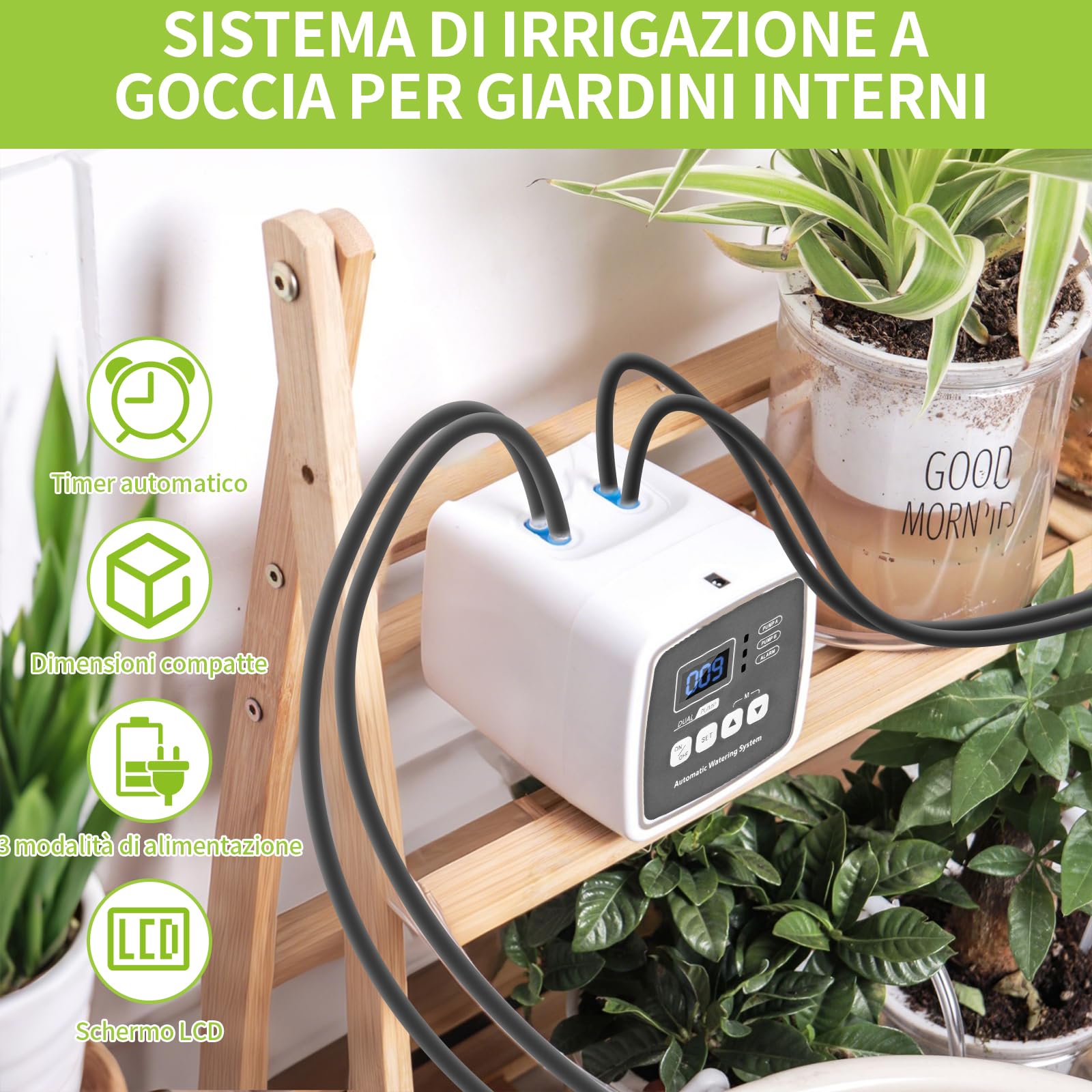 Kit di Irrigazione Automatica per Vaso, Sistema di Irrigazione Automatico da Giardino,Impianto Irrigazione Giardino con 2 Pompe di Controllo Indipendenti e Tubo Flessibile da 15 m, 20 Piante in vaso
