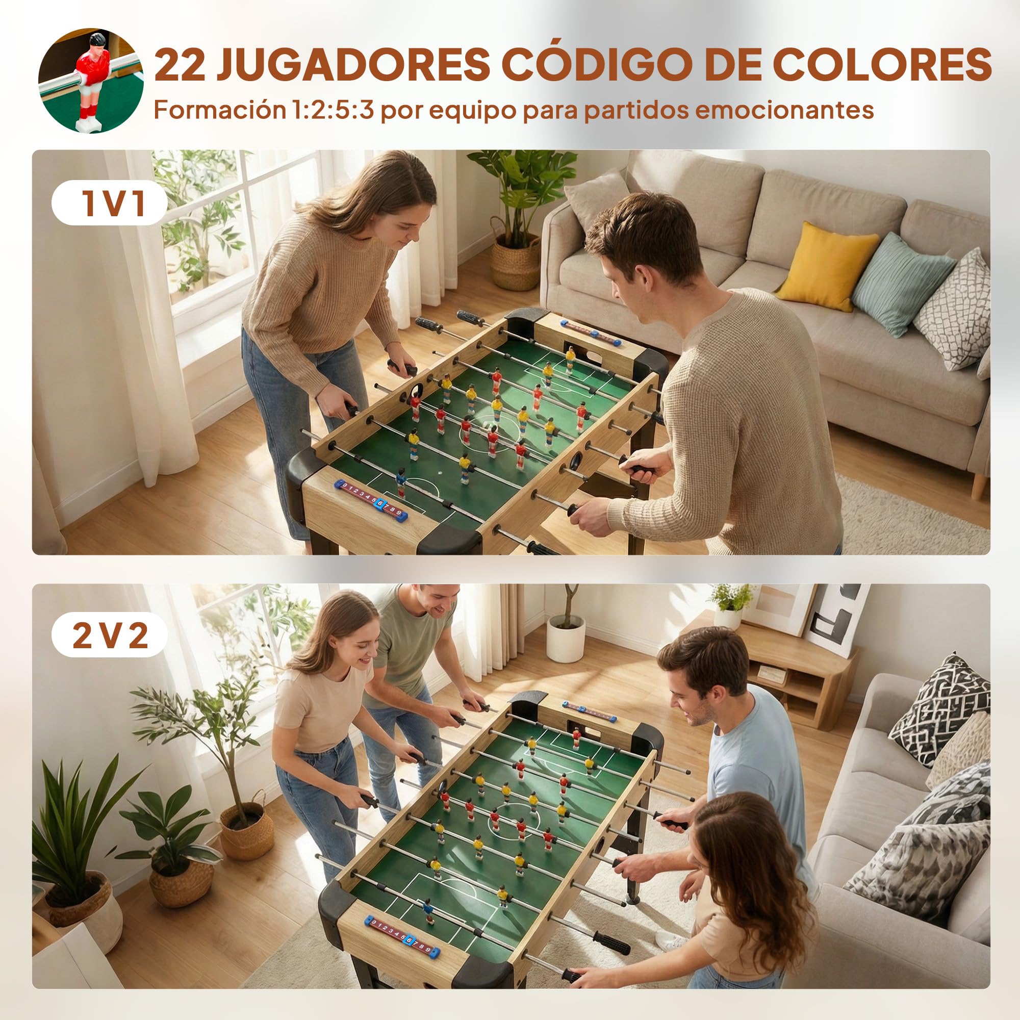 SPORTNOW Futbolín para Niños de Madera, Mesa de Futbolín con 2 Marcadores, 8 Asas, 22 Jugadores, 8 Barras y 2 Bolas, Regalo para Adultos, Familias, Fiestas, 92x75x71 cm, Natural