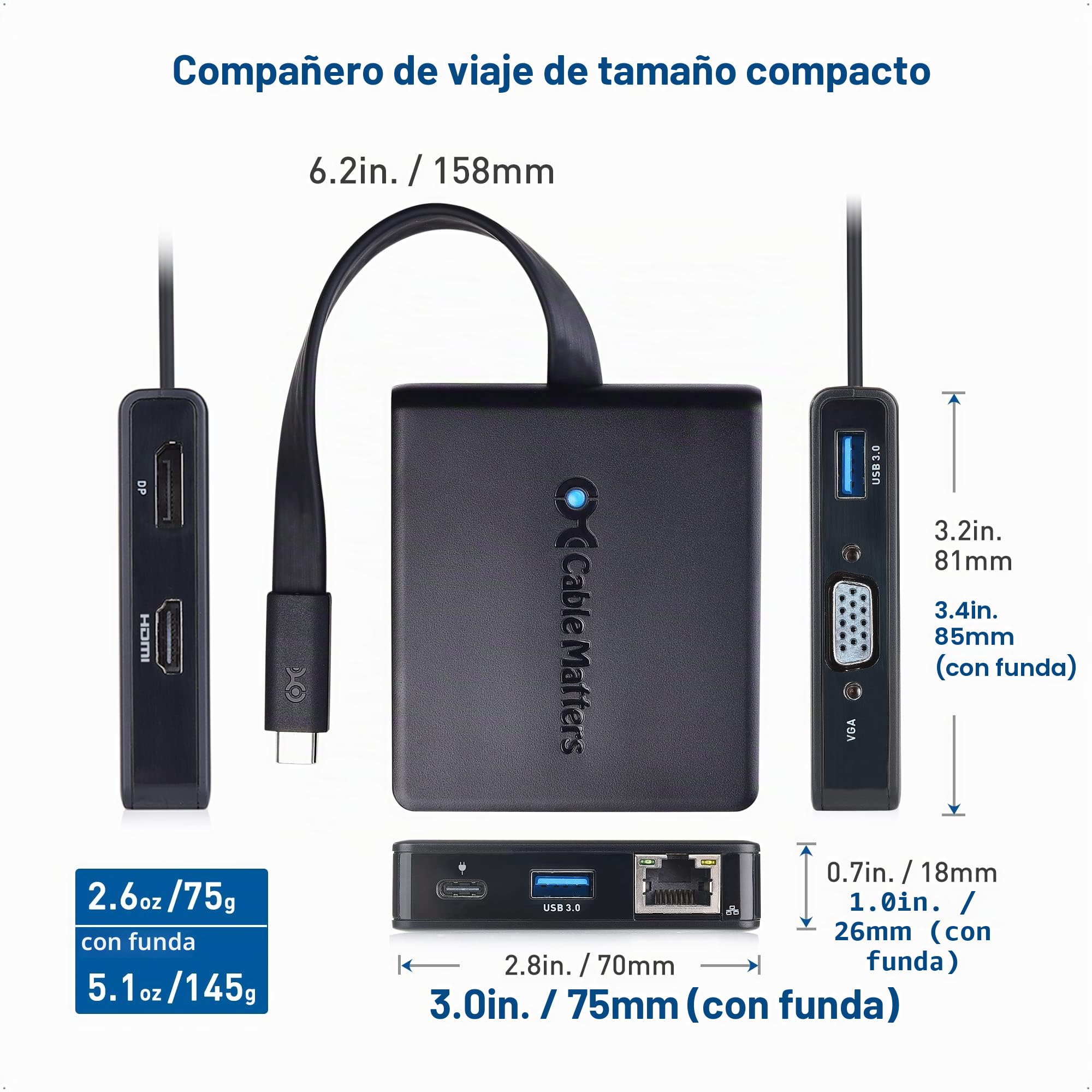 Cable Matters 7 en 1 Hub USB C HDMI, DisplayPort, VGA, USB 3.0, Gigabit Ethernet, Carga de 100 W - Puerto Thunderbolt 4 / USB4 / Thunderbolt 3 Compatible con MacBook Pro, DELL XPS, Surface Pro y más