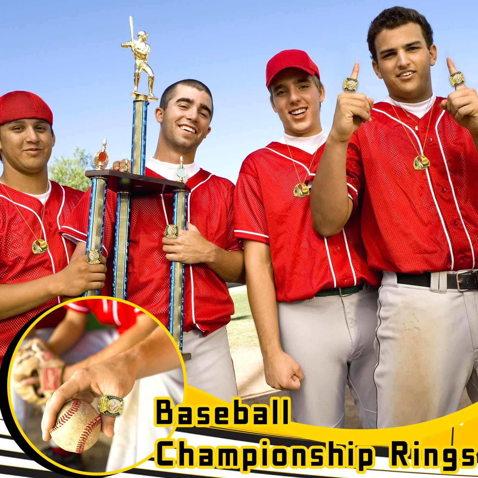Baseball-Meisterschaftsringe, Gold, Baseball-Meisterschaft, Trophäenringe mit Halskette, Sportball, Auszeichnung, Geschenk für Champion-Gewinner, Turnier-Team-Preis, Gastgeschenk