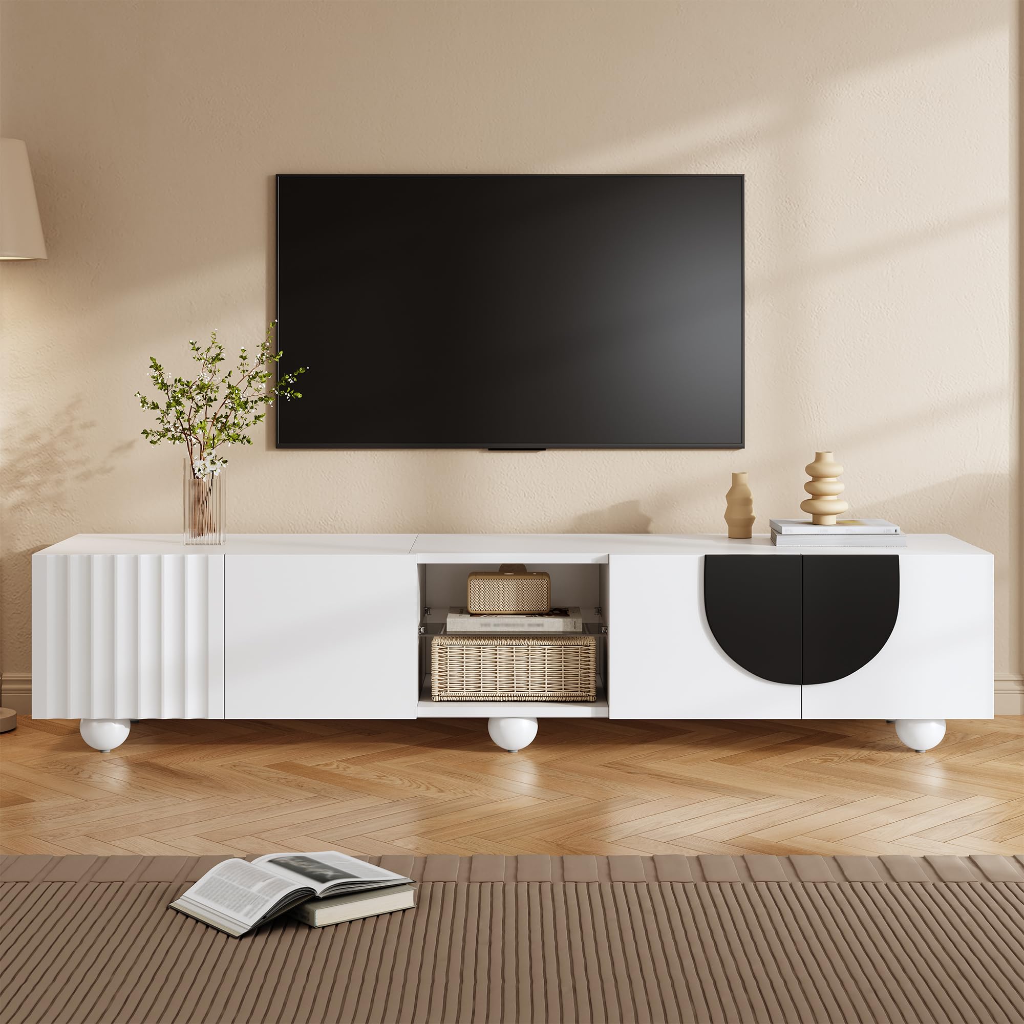 Nowoczesna szafka pod telewizor, 180 x 40 x 41,5 cm, biała, płyta MDF i płyta wiórowa, Push-to-Open, minimalistyczny design
