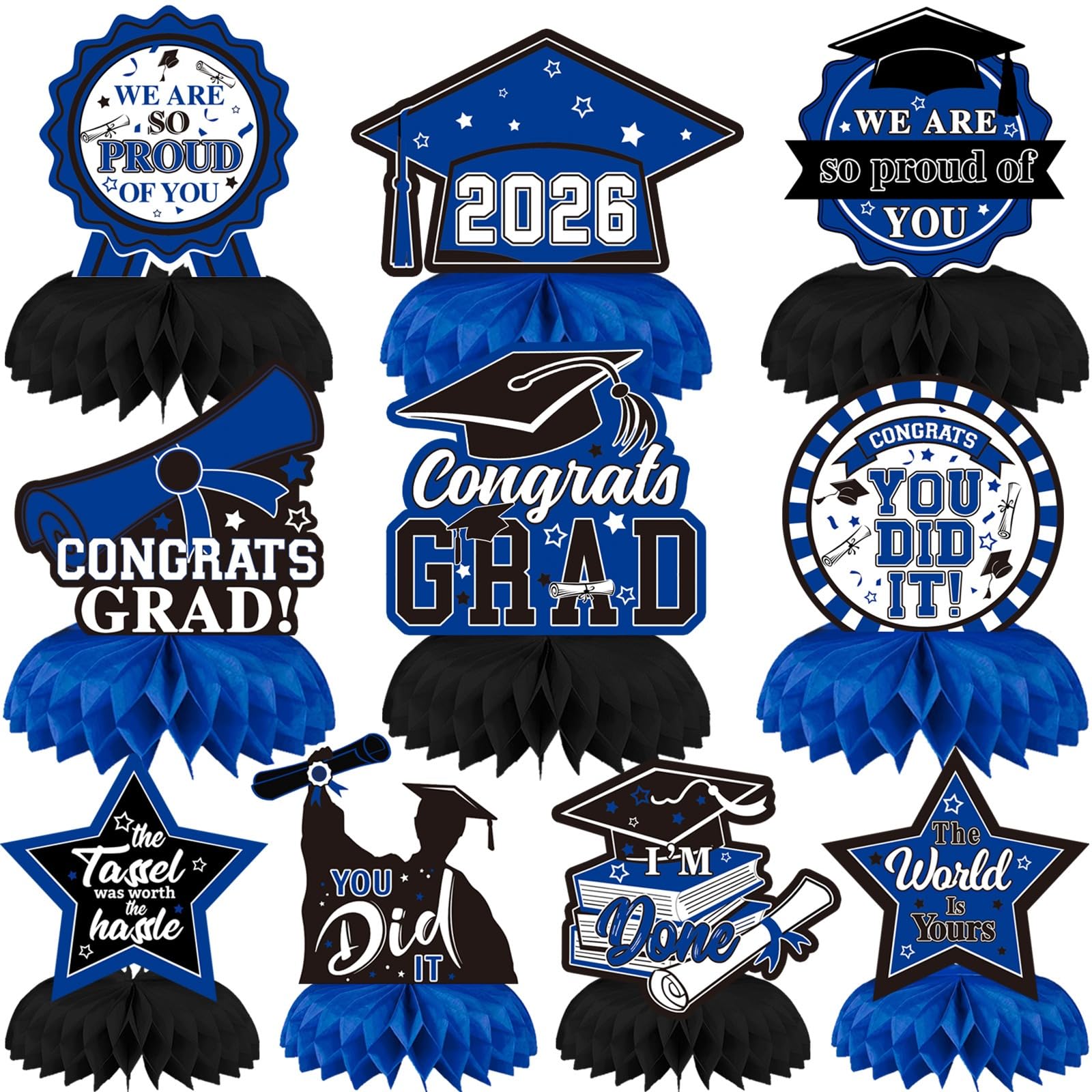 DTOFOOT 10 PCS Graduation Party Decorations Class of 2026,Blue and Black Congrats Grad Honeycomb Centerpiece Congratulate Graduation Table Topper