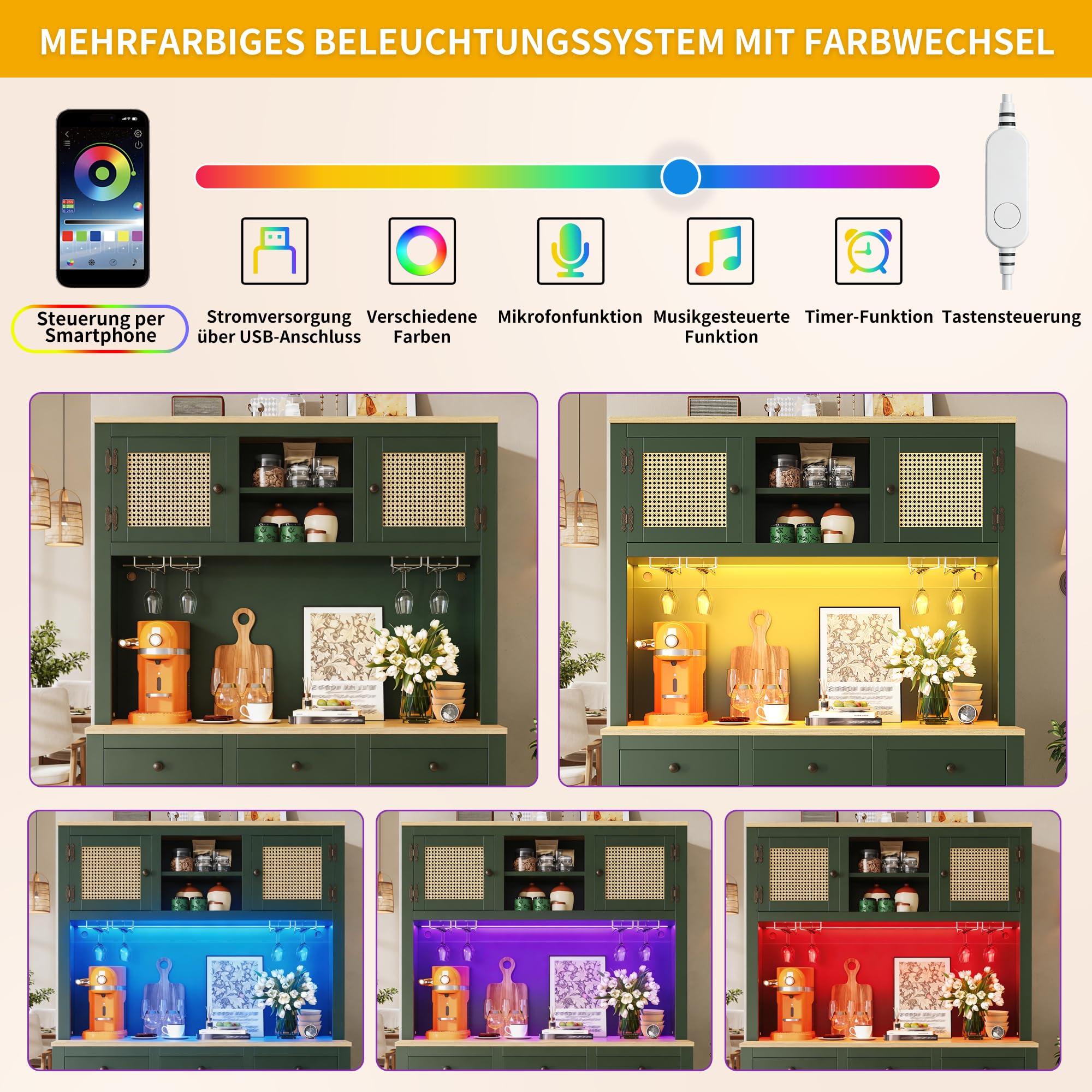 Merax Küchenschrank 180cm hoch mit LED, Hochschrank Sideboard für Küche mit Arbeitsplatte, Buffetschrank mit Verstellbare Einlegeböden & 4 Rattantüren & 3 Schubladen & Weinglasregal, Kippschutz, Grün