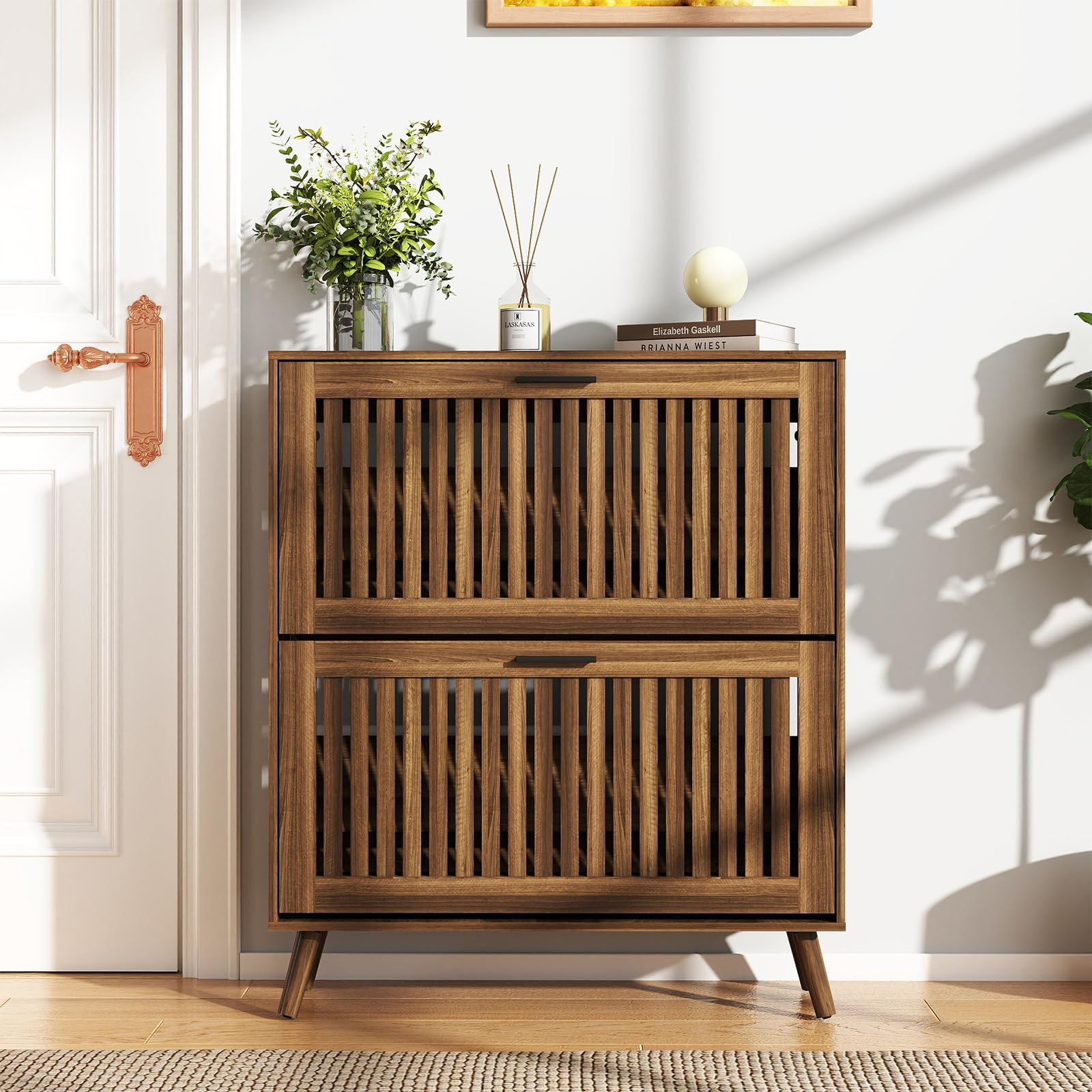 Vibe & Dine Shoe Cabinet with 2 Flip Drawers, Narrow Shoe Rack with Black Handles, Free Standing Shoe Storage Cabinet for Entryway Slim, Wood Shoe