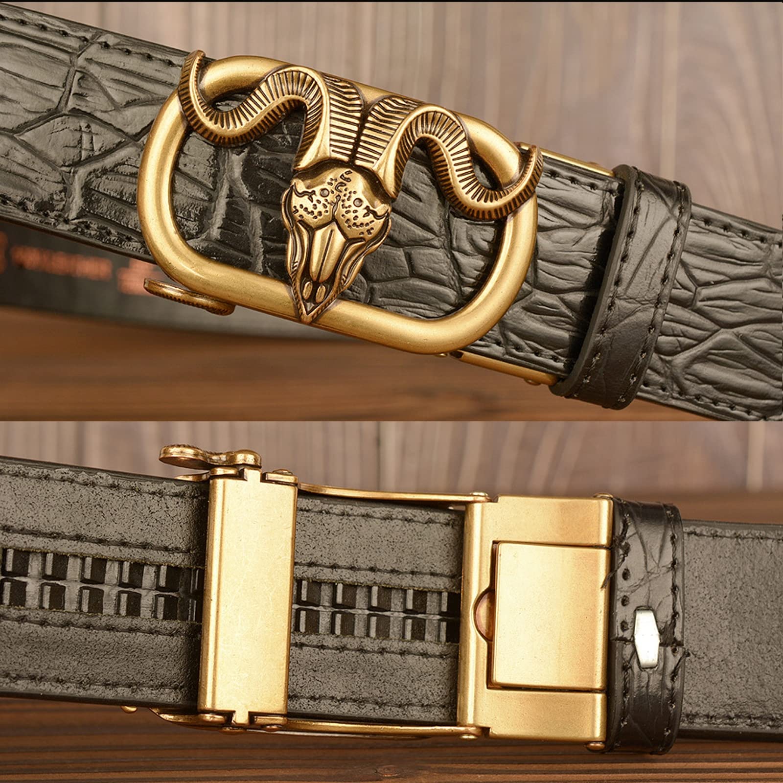 Cinturón para Hombre, Cinturones de Hebilla Deslizante de trinquete de Cuero, Hebilla automática de Metal,Black Gold,120cm