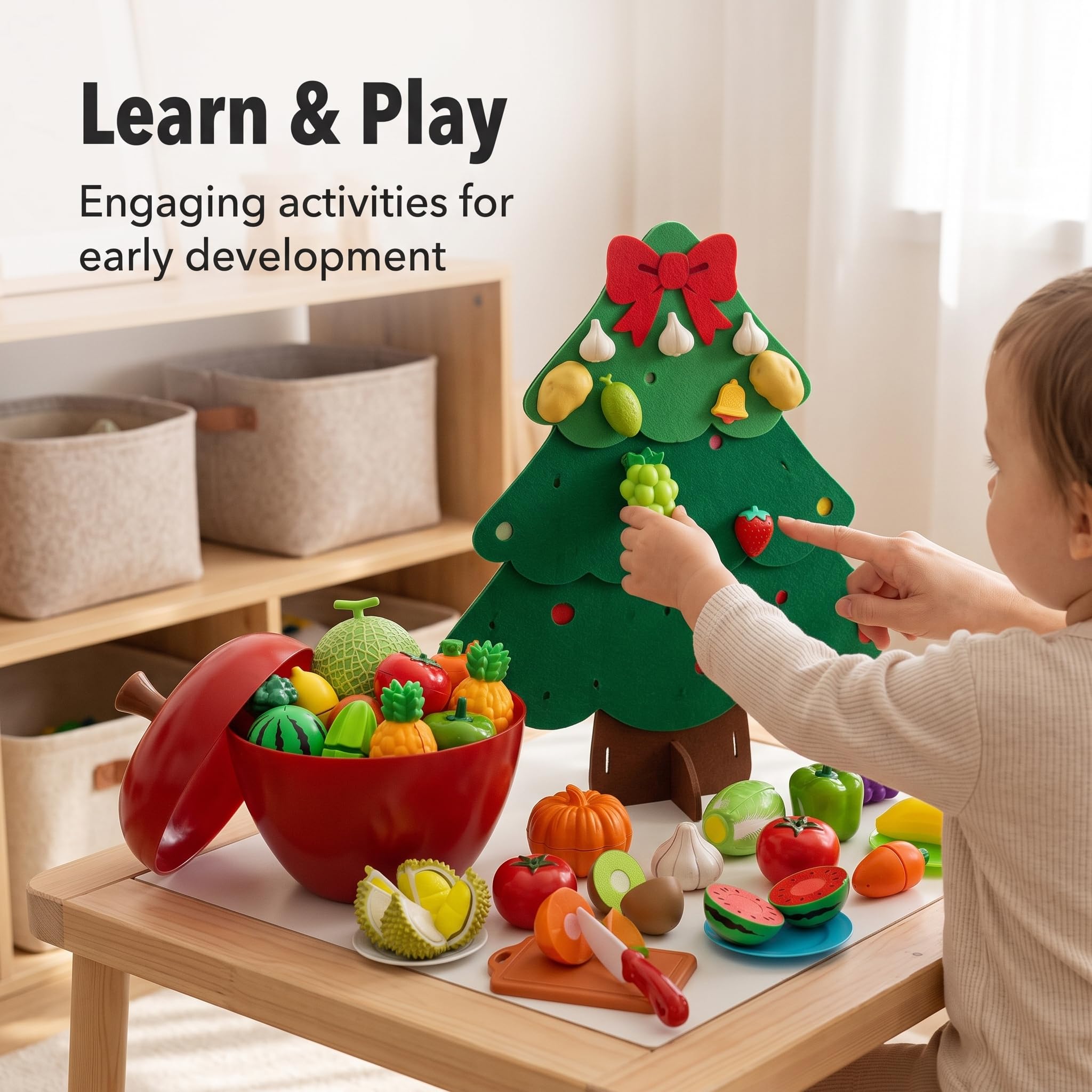 Filz Busyboard für s und, Pädagogisches Lernspielzeug und tafel, mit Obstmotiv, Grüner großer Weihnachtsbaum + 32 Apfel-Eimer-Schneidespielzeuge, 75 * 60 cm