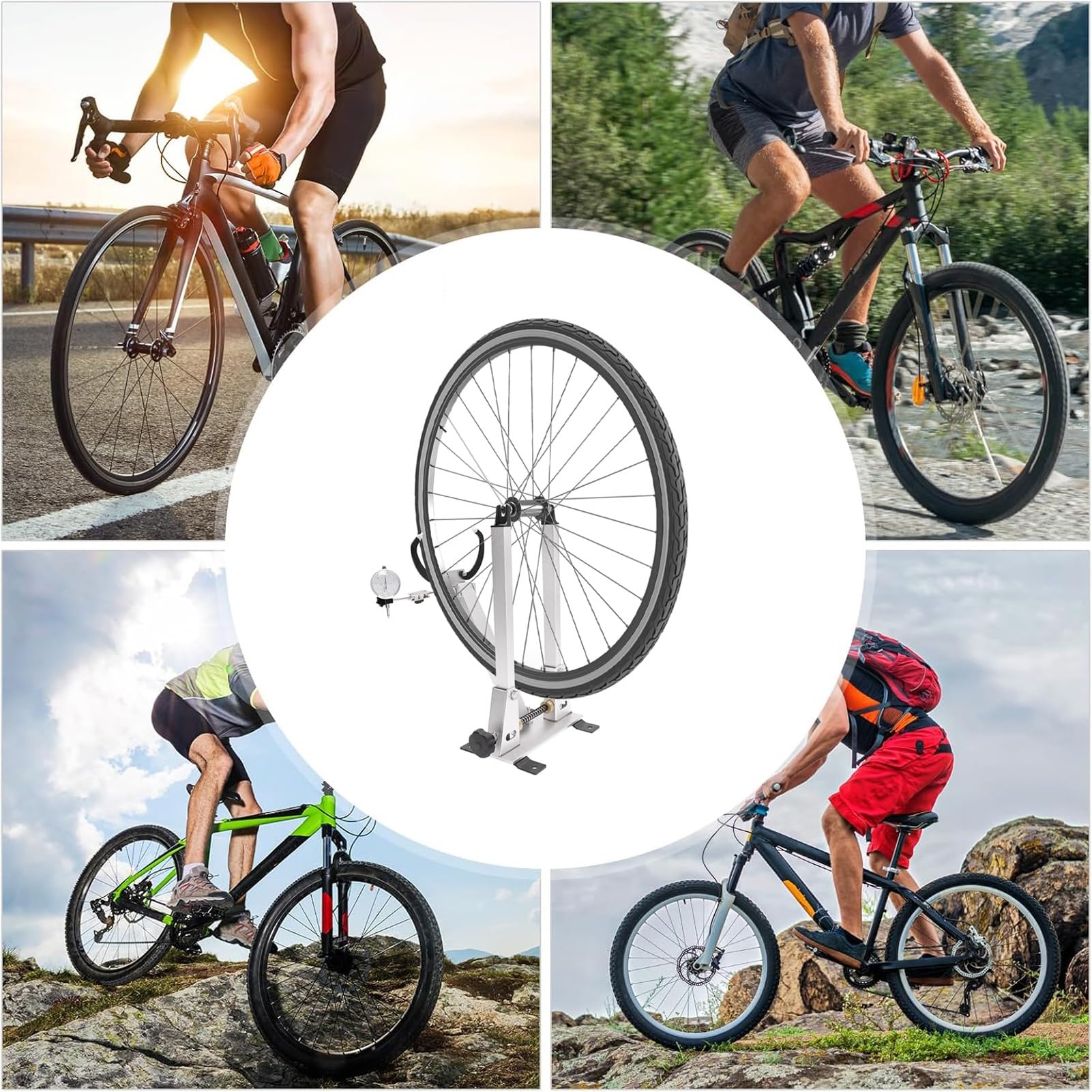 Genérico Soporte de centrado de Ruedas de Bicicleta, Soporte de reparación de Bicicletas Ajustable de Aluminio, Mantenimiento Profesional de Ruedas de Bicicleta de 16 a 29 Pulgadas y 700C