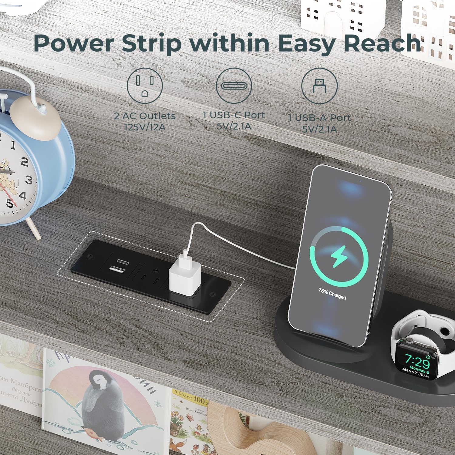 Close-up of the built-in power strip with AC outlets, USB-C, and USB-A ports, showing a phone charging