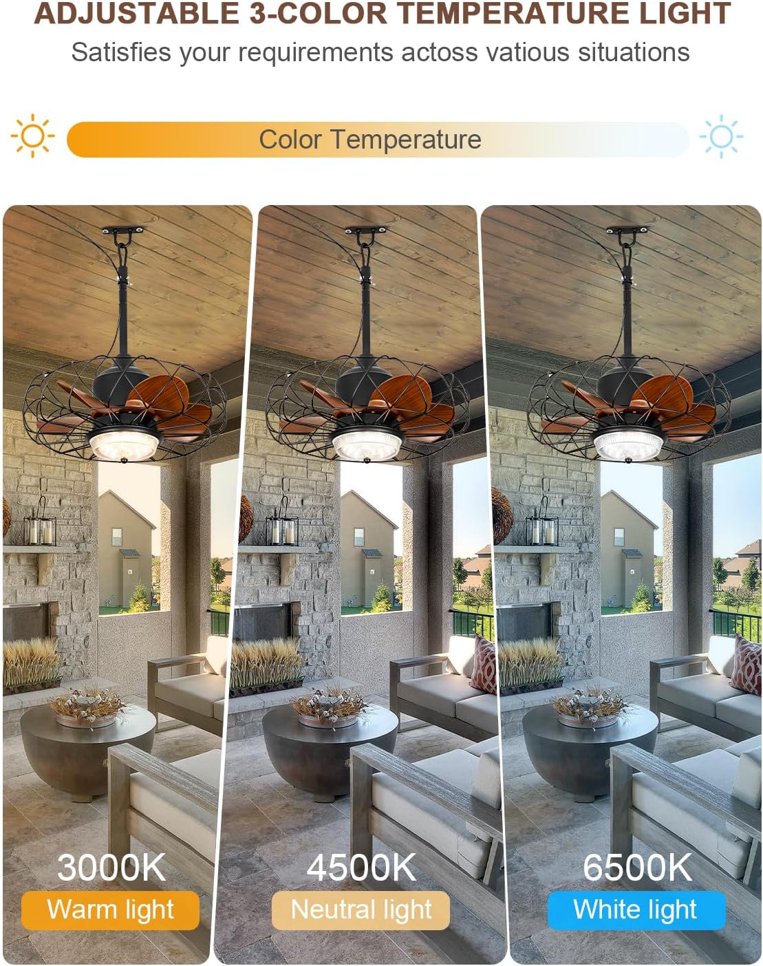 Three images showing the fan's adjustable 3-color temperature light settings: 3000K (Warm light), 4500K (Neutral light), and 6500K (White light).