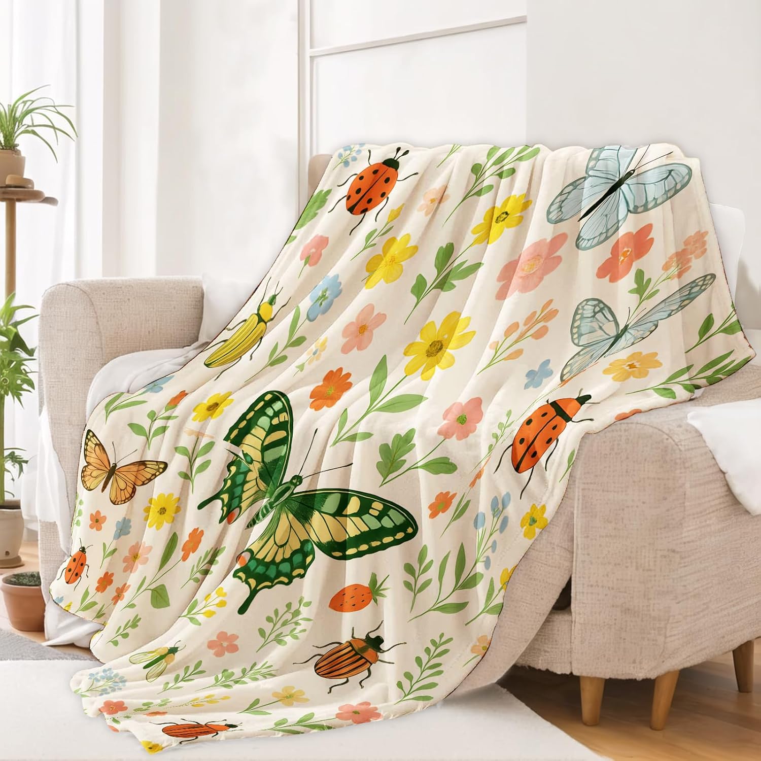 Whimsical Insect Garden Blanket Soft Lightweight Flannel Throw Blanket for Living Room Bedding Travel Home Decor Cozy 50x60 Inch Blankets Gifts for Adults Kids Women Men