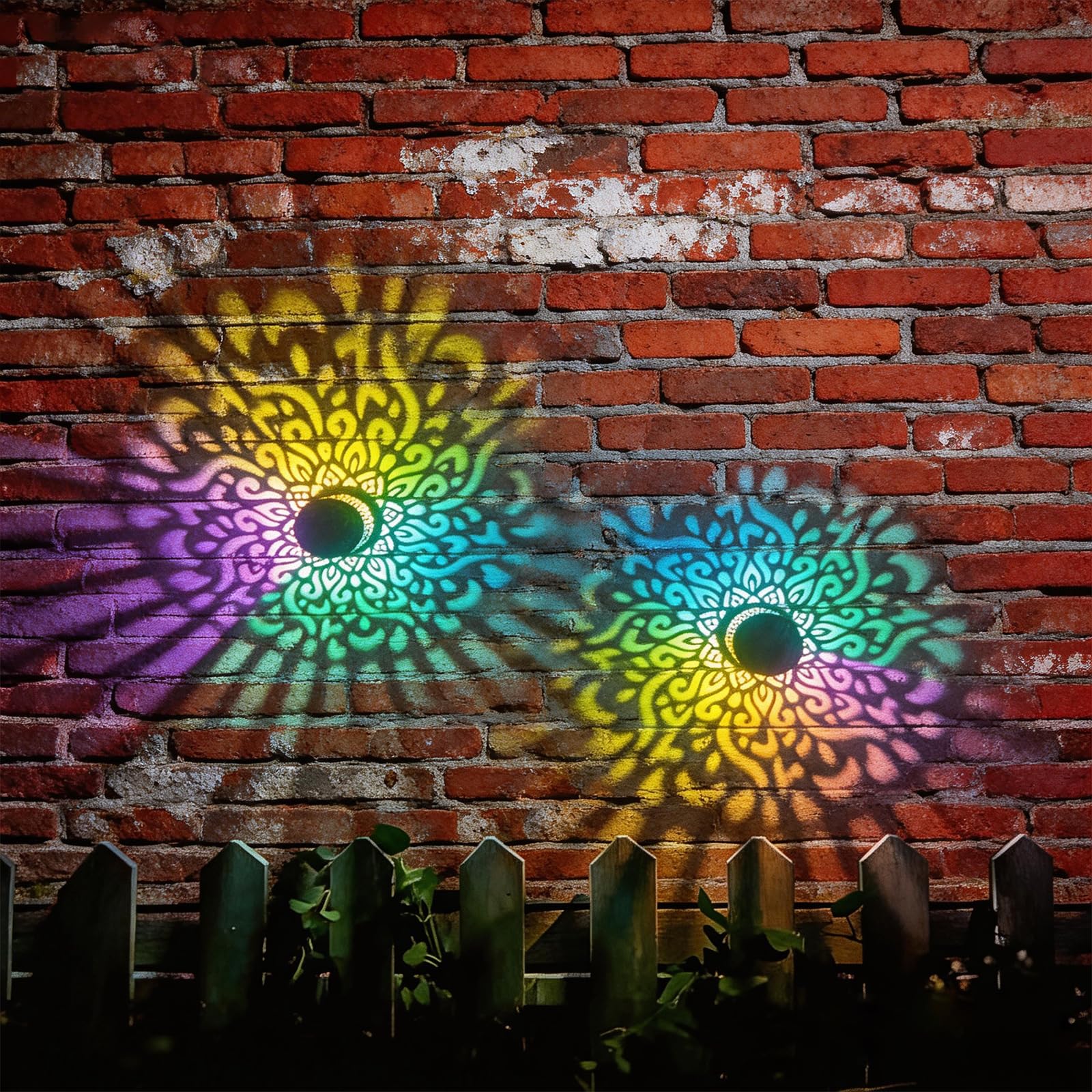 Solar Mandala Wall Lights Outdoor, 7 Color Changing Projector Lamp, IP65 Waterproof Metal Solar Fence Lights for Yard Patio Deck Post Pillar Decor Backyard Post (2Pcs)