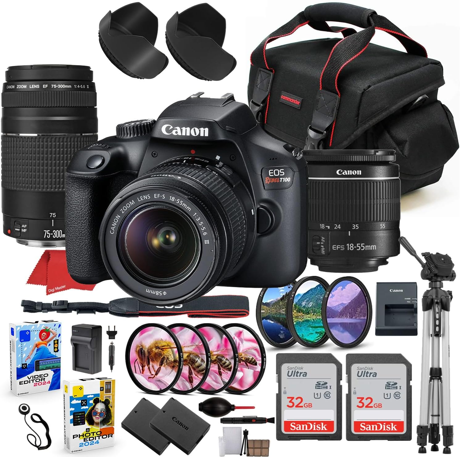 Canon EOS Rebel T100 DSLR Camera with 18-55mm & 75-300mm Lens Bundle + Prime Accessory Package Including 64 GB Memory, Filters, Macro Close Ups, Tripod, Case, Software & More (34 Items) (Renewed) Canon EOS Rebel T100 DSLR Camera with 18-55mm & 75-300mm Lens Bundle + Prime Accessory Package Including 64 GB Memory, Filters, Macro Close Ups, Tripod, Case, Software & More (34 Items) (Renewed)