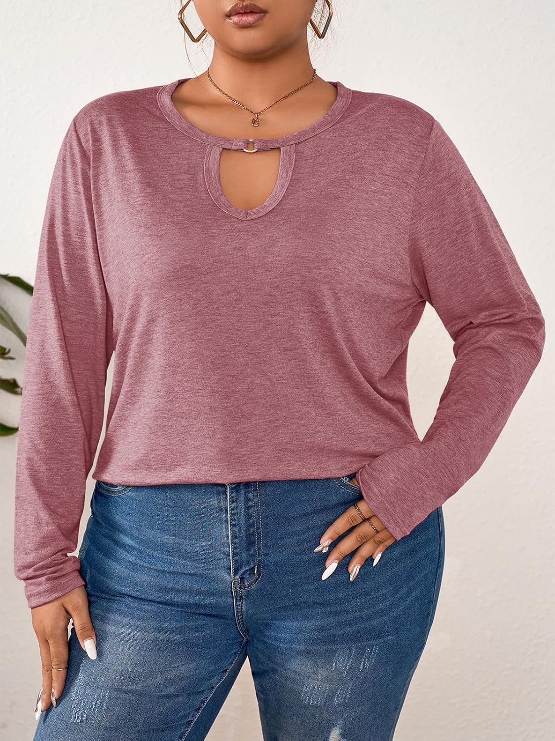 Plus Size Tops for Women Key Hole Round V Neck Blouses Long Sleeve Cut Out Sexy Tops Tee Casual Fall Shirts 1XL-5XL - Image 6
