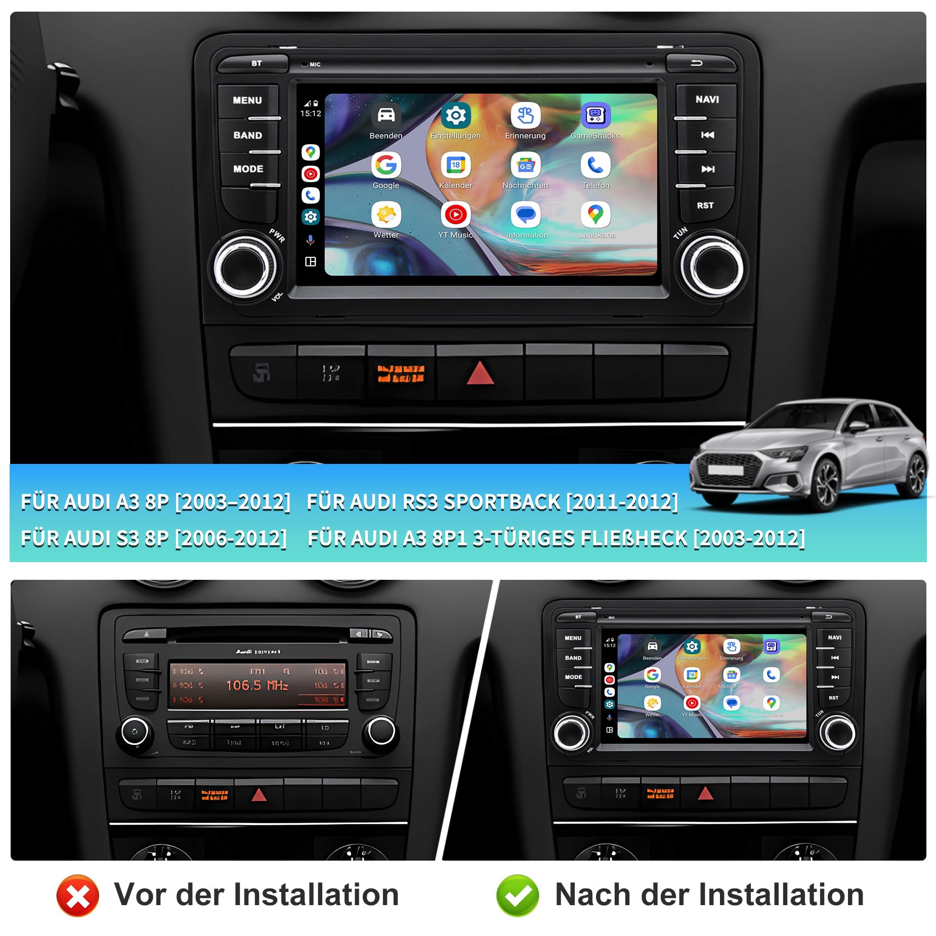 Autoradio Android 13 per Audi A3/S3/RS3 8P (2003-2012), touchscreen HD da 7 pollici, CarPlay/Android Auto wireless, Navigazione GPS, Wi-Fi, Bluetooth + Telecamera posteriore HD, Comandi al Volante