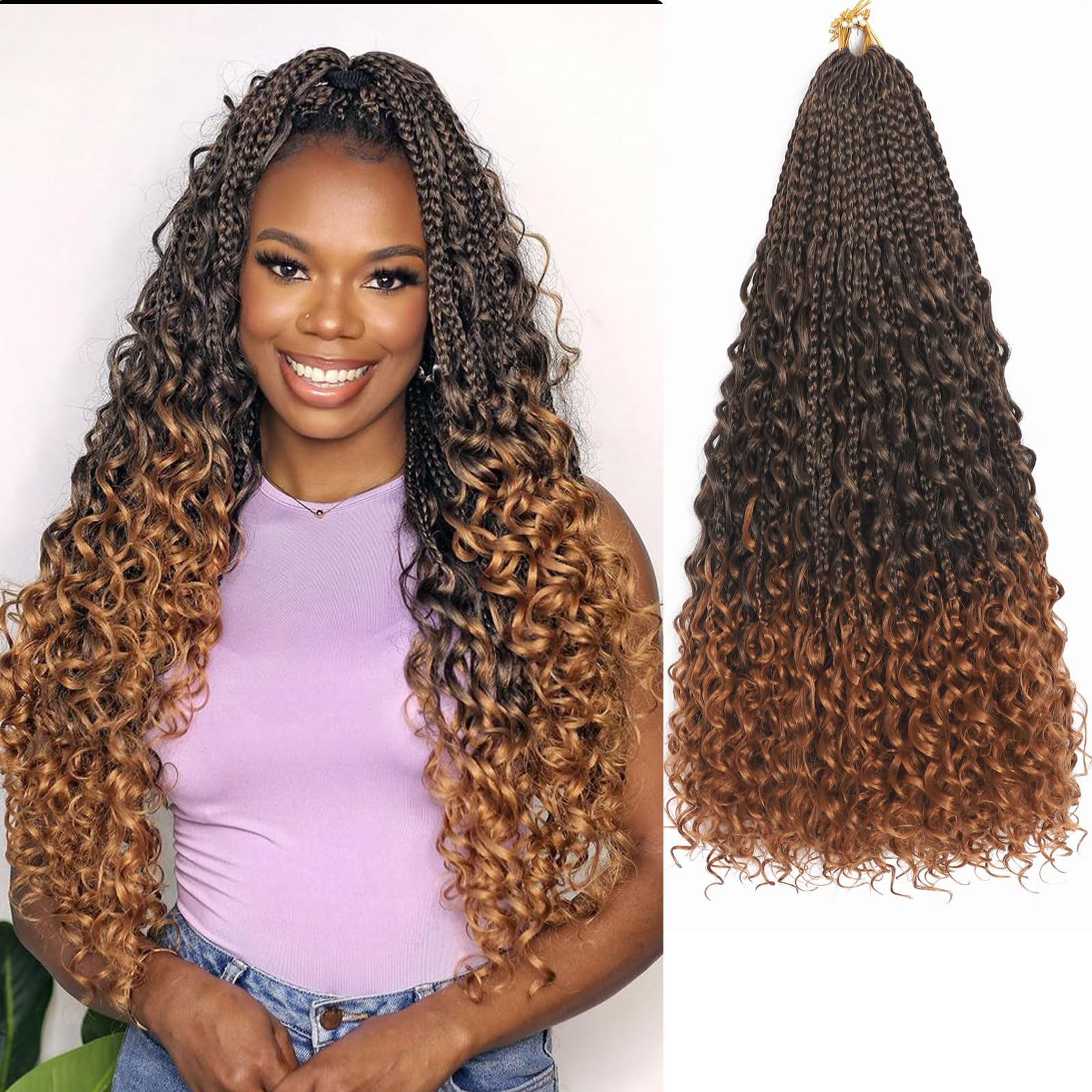 Flagship Goddess Box Braids Crochet Hair 18 Inch 9 Packs Boho Crochet Braids with Curly Ends,Bohomian Pre looped Box Braids Crochet Hair for Black Women-T30