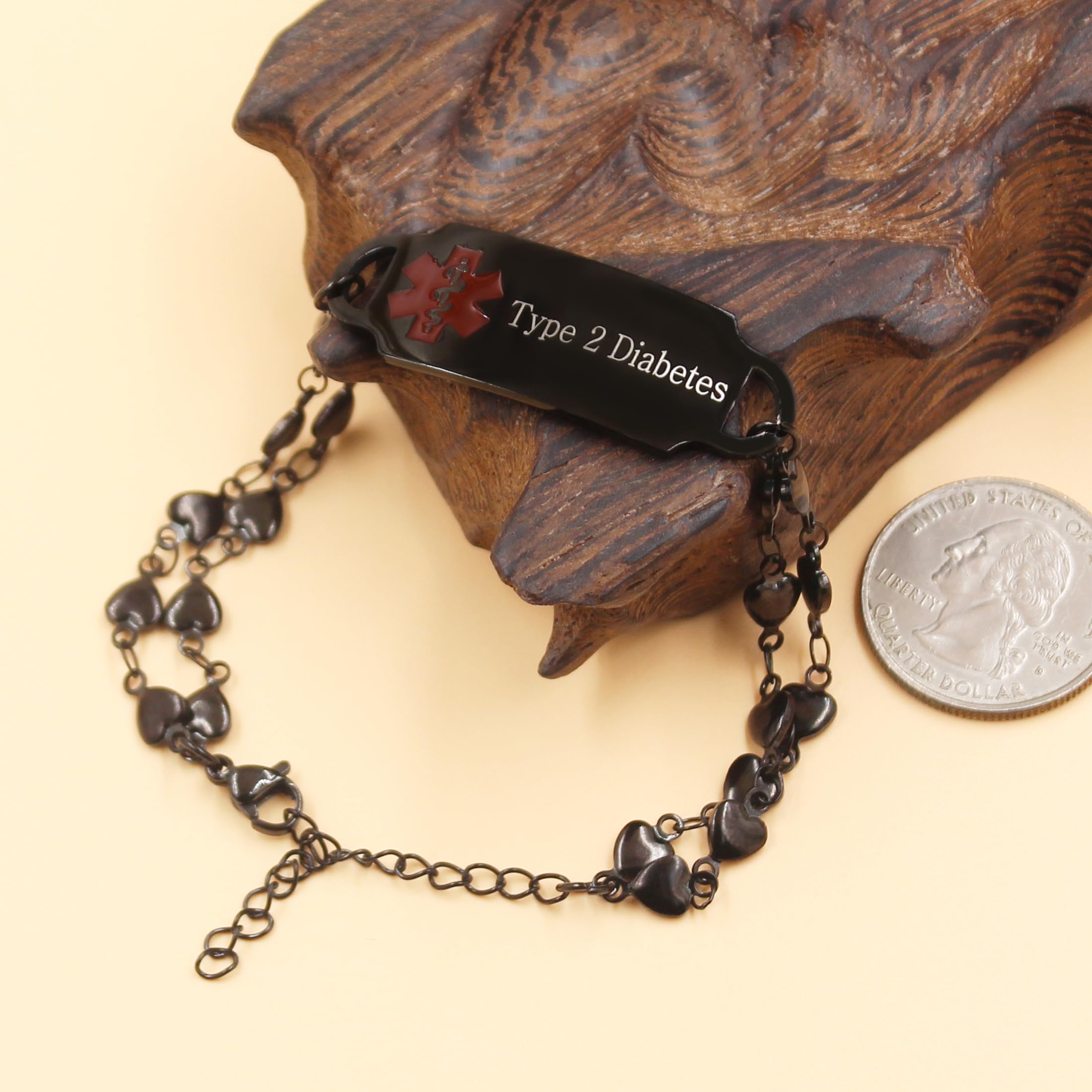 YA5199 Bracelet d'identification médicale d'urgence double brin réglable en forme de cœur étanche pour homme Noir en acier inoxydable