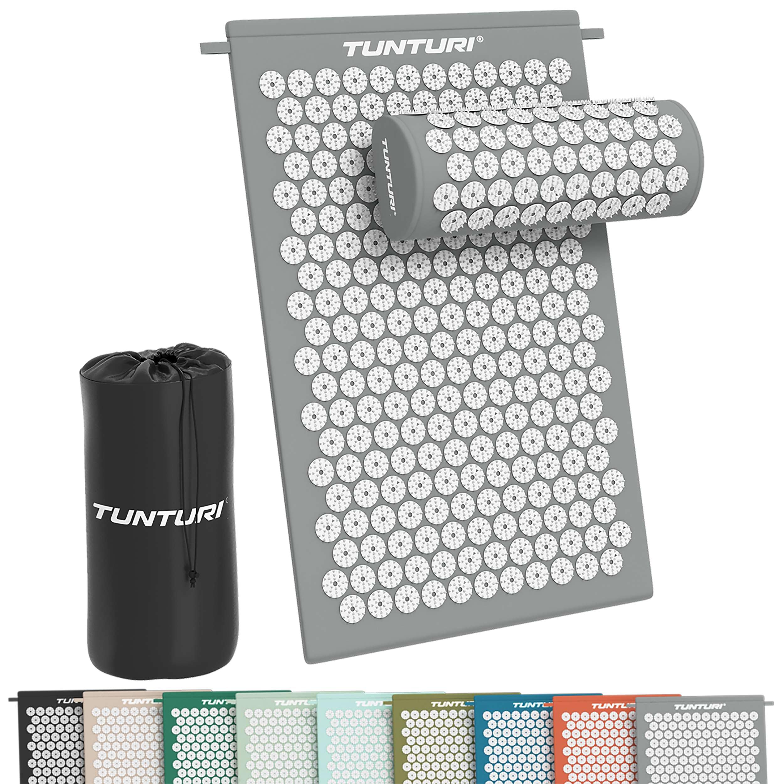 Tunturi Tappetino per agopressione con cuscino, tappetino per agopuntura, per schiena, collo, piedi, tutto il corpo, 2 in 1, tappetino per agopressione, anti-stress, 68 x 42 x 2 cm, grigio