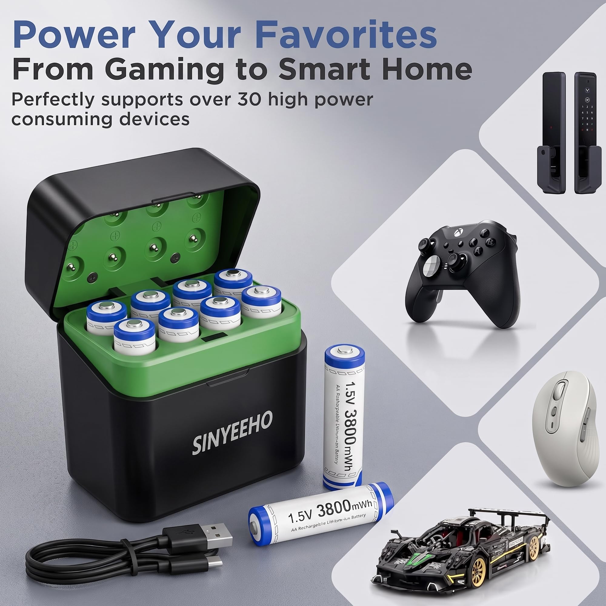 Lot de 8 piles AA rechargeables au lithium avec chargeur 1,5 V 3800 mWh - Double A - Longue durée - Avec écran LCD - Temps de cycle jusqu'à 2500 - Charge rapide pour caméras et jouets d'extérieur