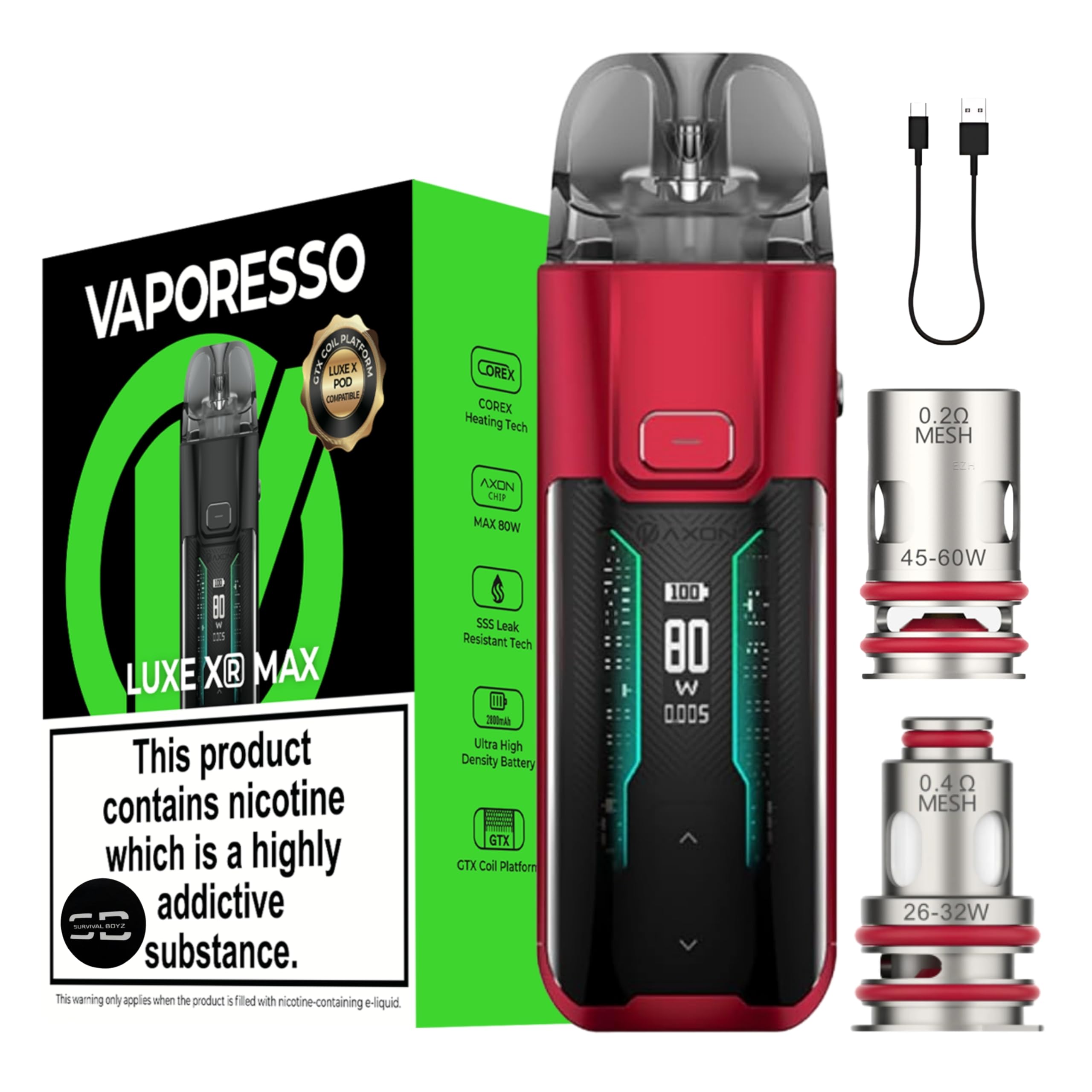 vaporesso luxe xr max red Vape Kit [Red] - No Nicotine | Available in 14 colours - 2800mAH Ultra High Density, 2A Fast Charge, 80W, 0.54