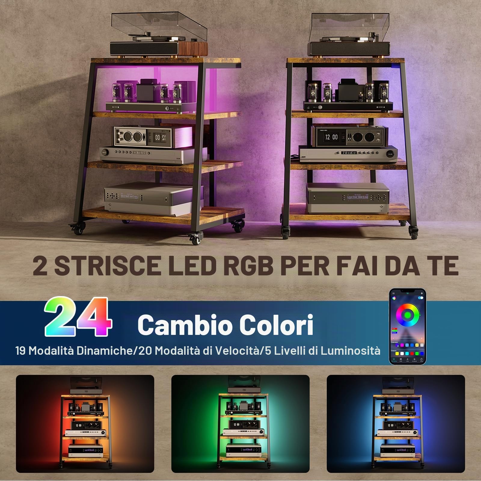 Mobile HIFI con ruote, Mobile Giradischi con 4 Ripiani e luce a LED, Supporto HIFI di altezza regolabile per Amplificatore/DVD Player/Sky Box