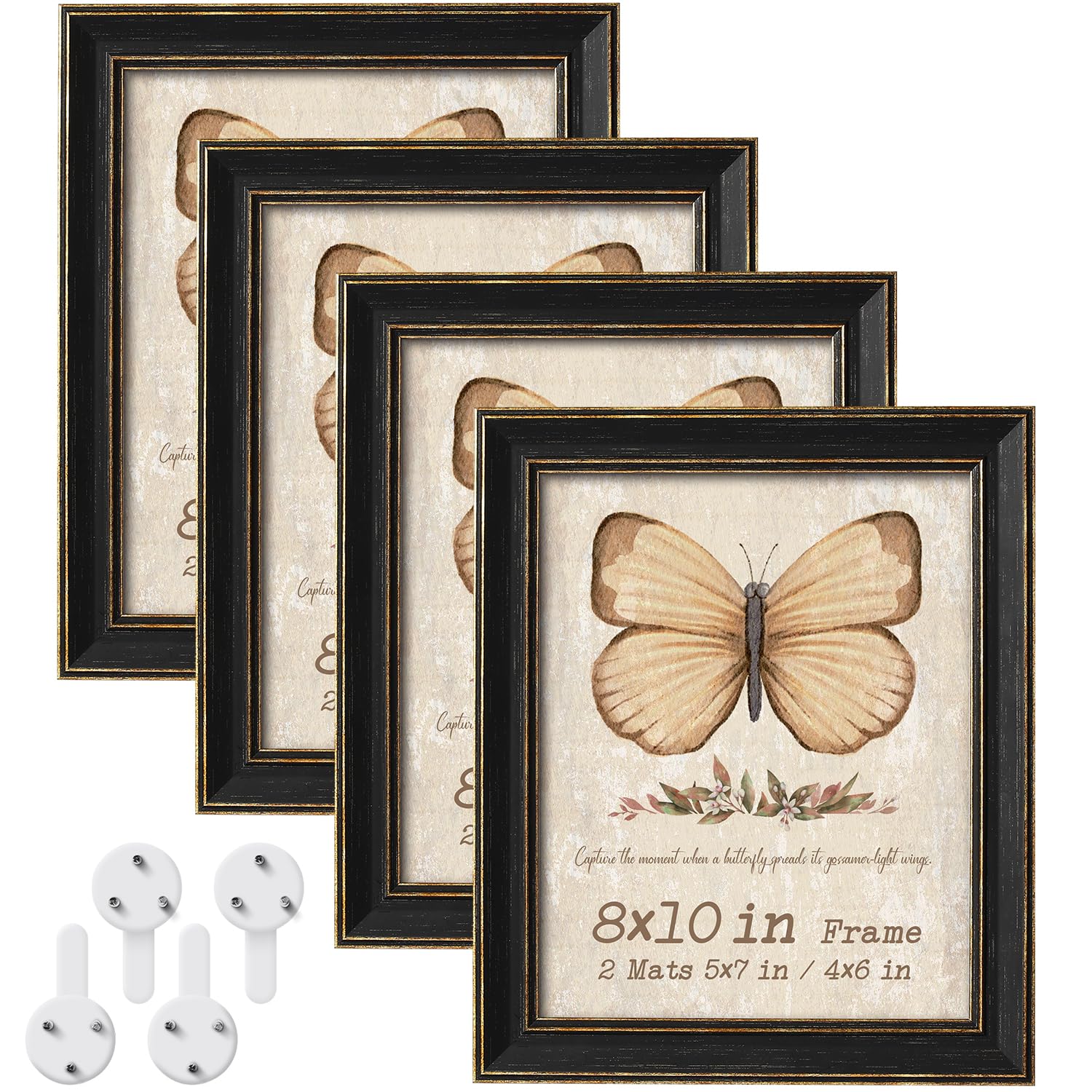 8x10 Picture Frame Set of 4 with 2 Mats, Black Rustic Farmhouse Photo Frames with Tempered Glass, 5x7 and 4x6 with Mat or 8x10 without Mat for Wall Hanging or Tabletop Display, Home Gallery Decor Gift