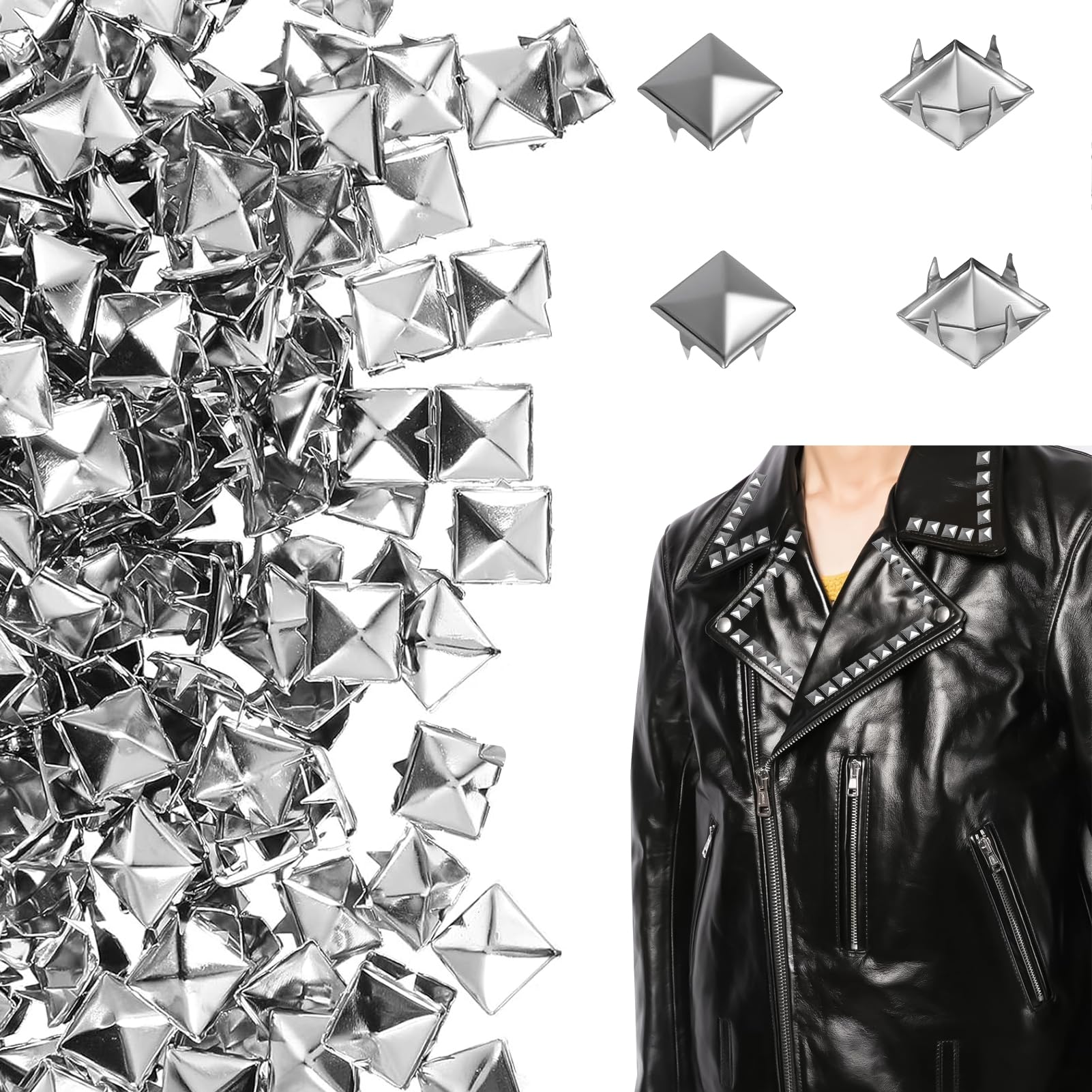 500 Pcs 10mm Studs for Clothing, Square Rivets Silver Pyramid Studs DIY, Metal Punk Spikes for Jackets, Bags, Belts, Shoes and Leather Accessories, Adding Punk Style Accents to Your Apparel & Items